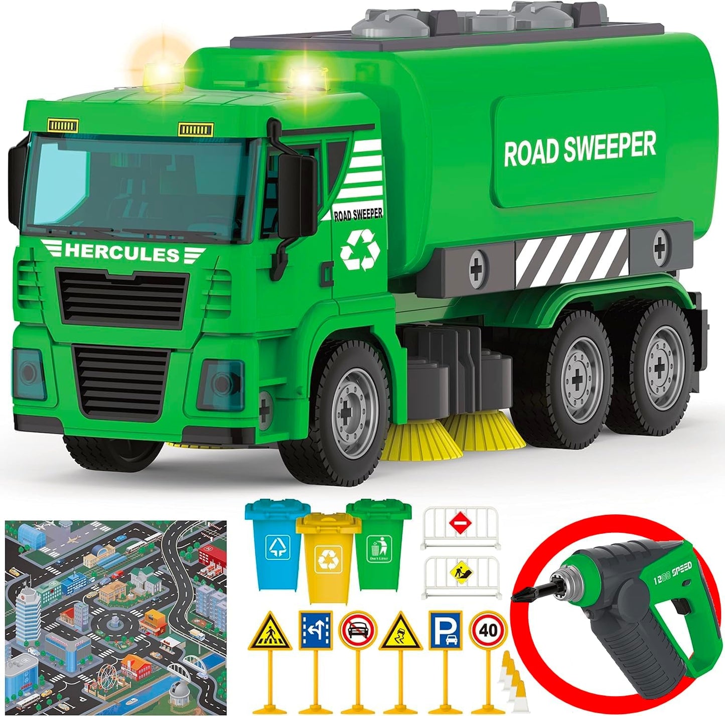 Street Sweeper Toy - 130 Pcs Friction Power STEM Take Apart Toys with Drill