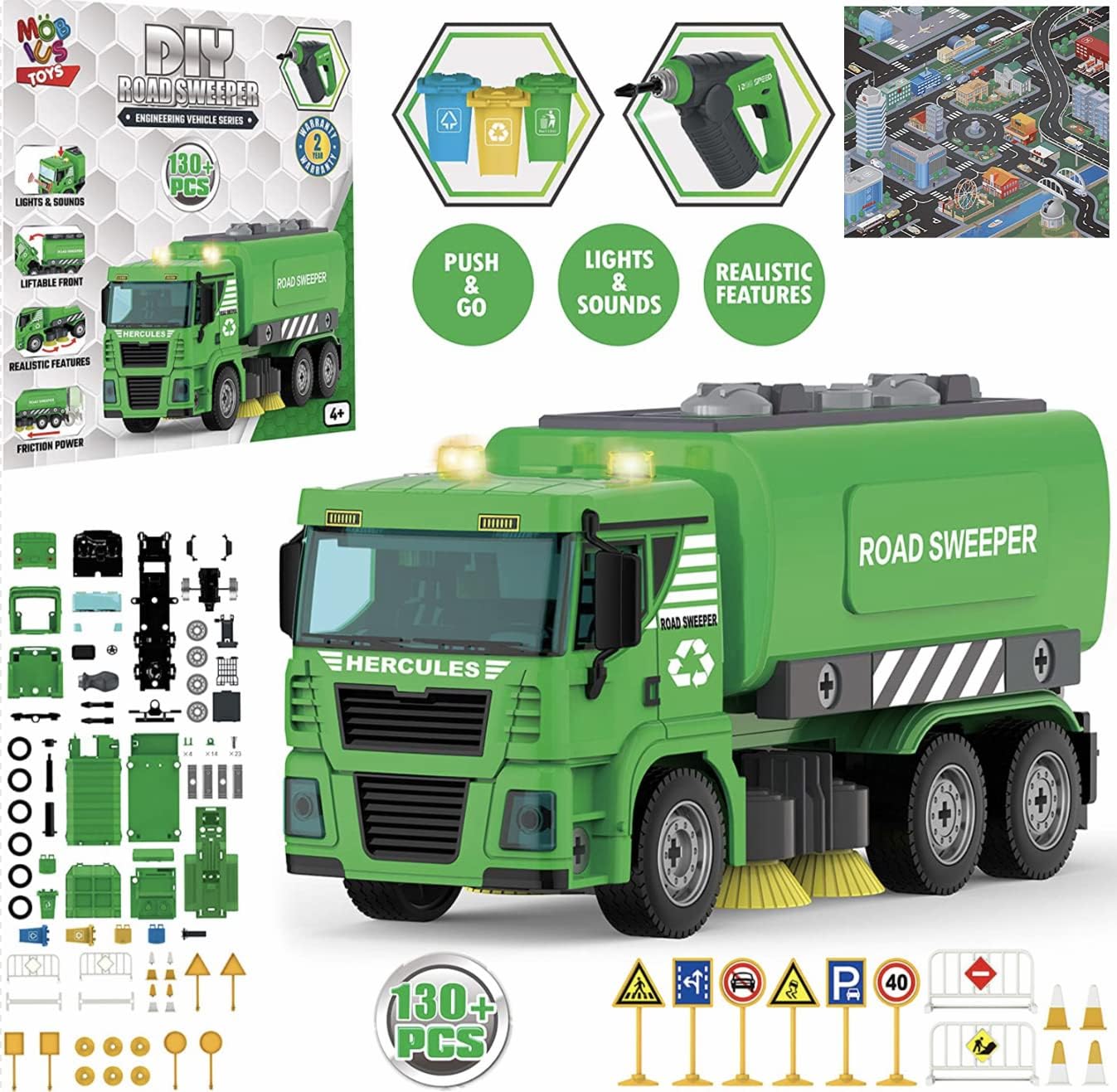 Street Sweeper Toy - 130 Pcs Friction Power STEM Take Apart Toys with Drill