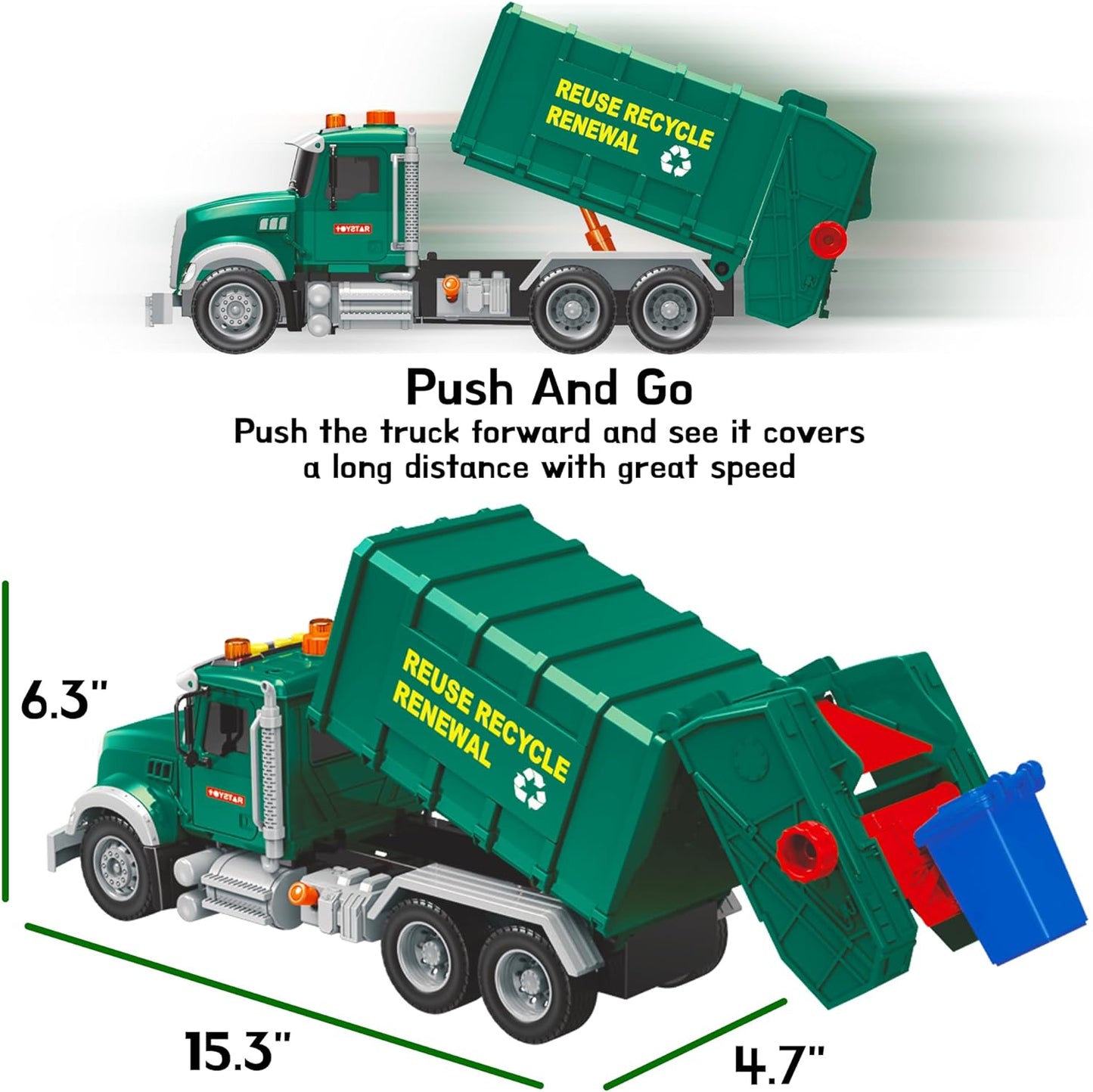 Garbage Truck Toy playset, Includes 3 Trash Cans