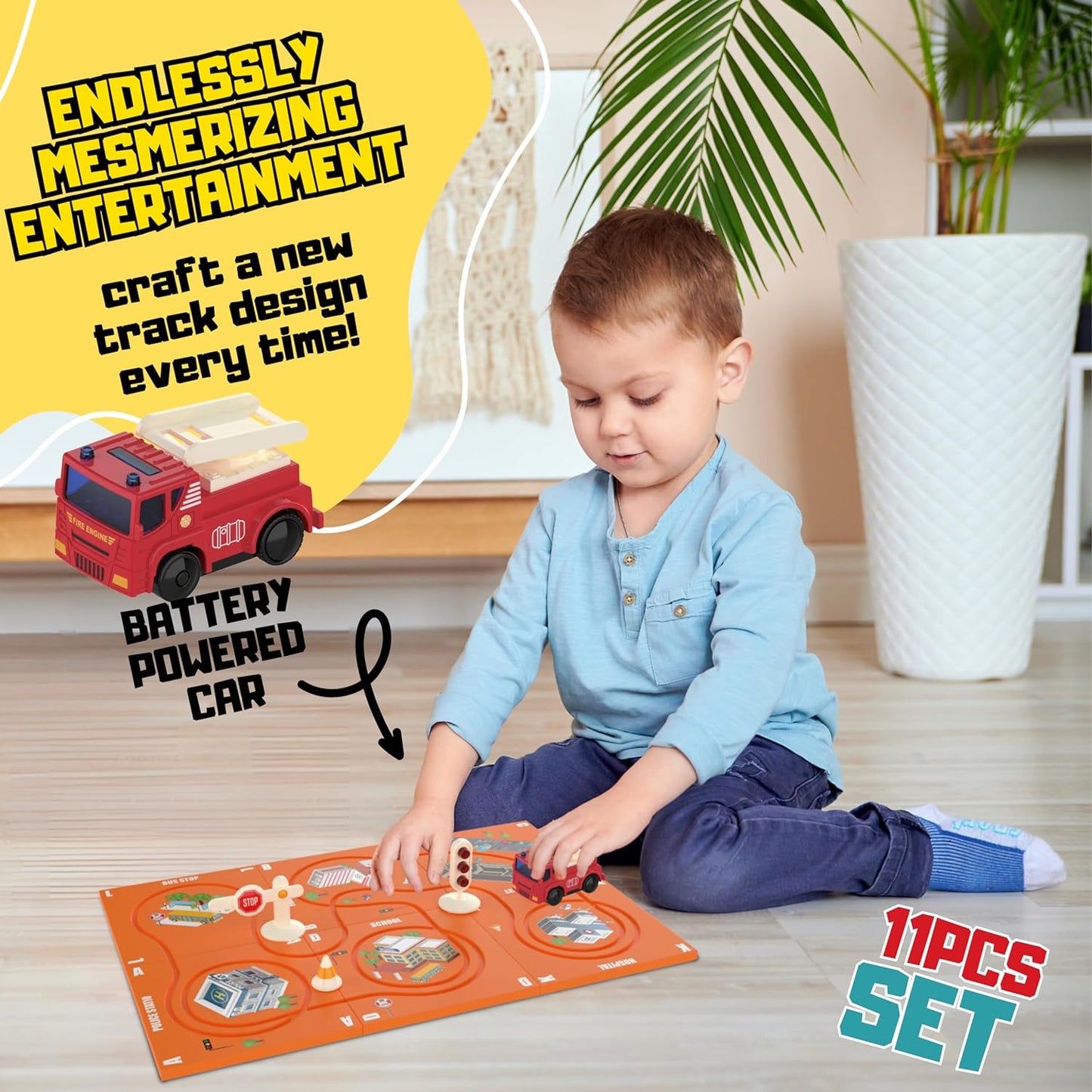 (11 Piece) Puzzle Racer Kids Car Track Set - Magnet Toddler Race Tracks for Kids 3-5