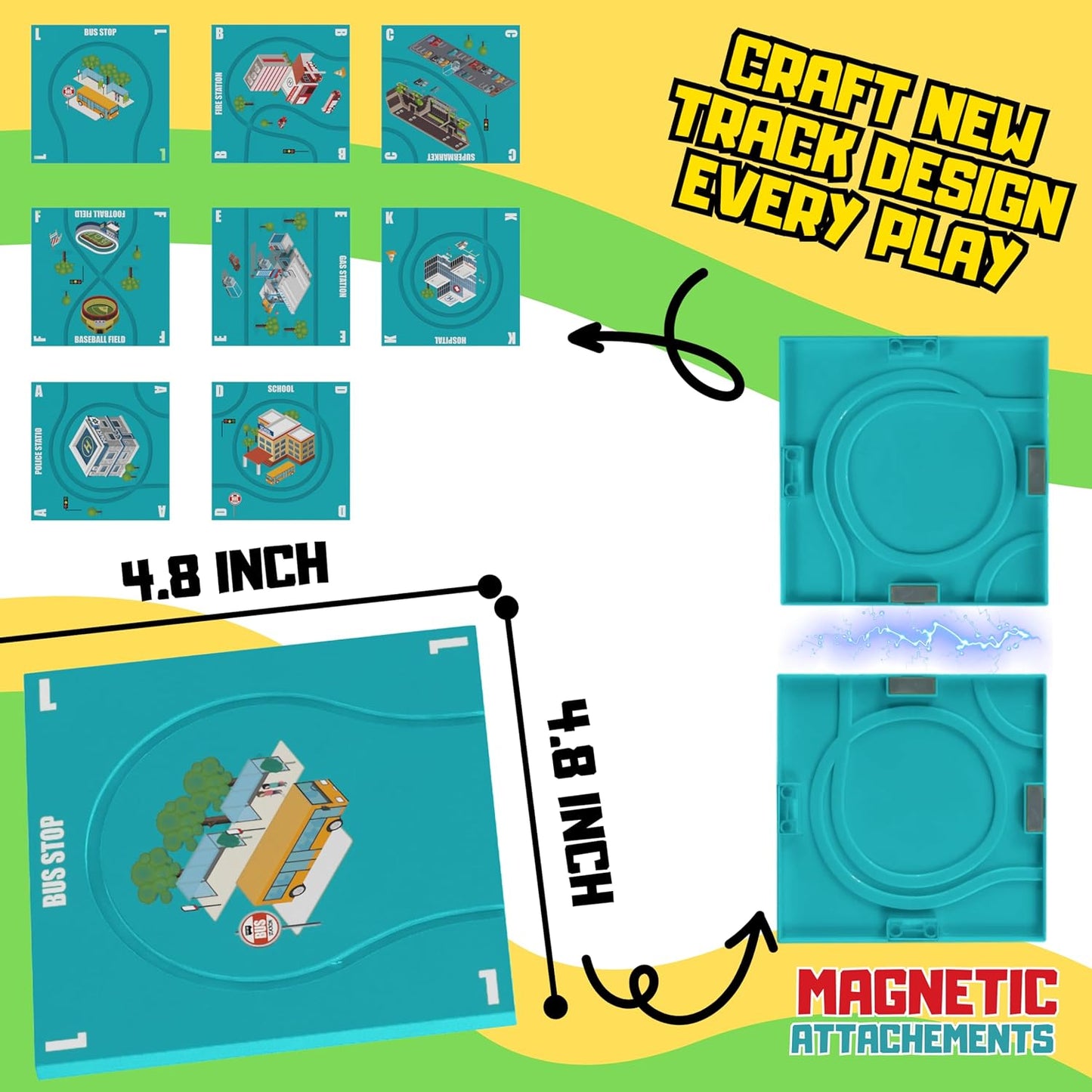 (13 Piece) Puzzle Racer Kids Car Track Set - Magnet Toddler Race Tracks for Kids 3-5