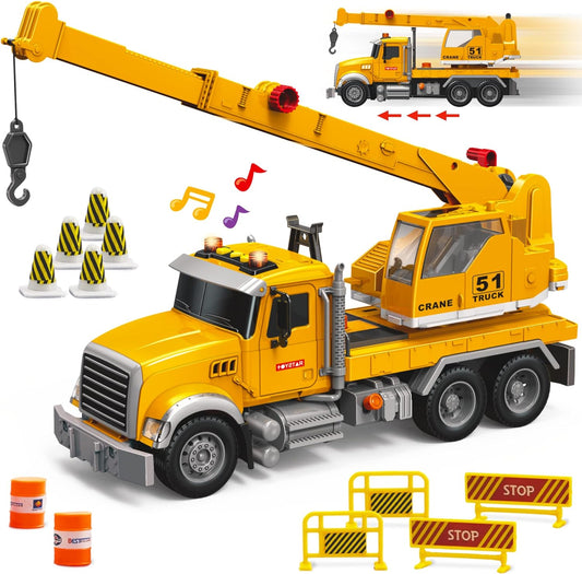 Juego de juguetes de camión grúa: camión grúa de construcción para niños con brazo extensible, rotación, varios accesorios y botones