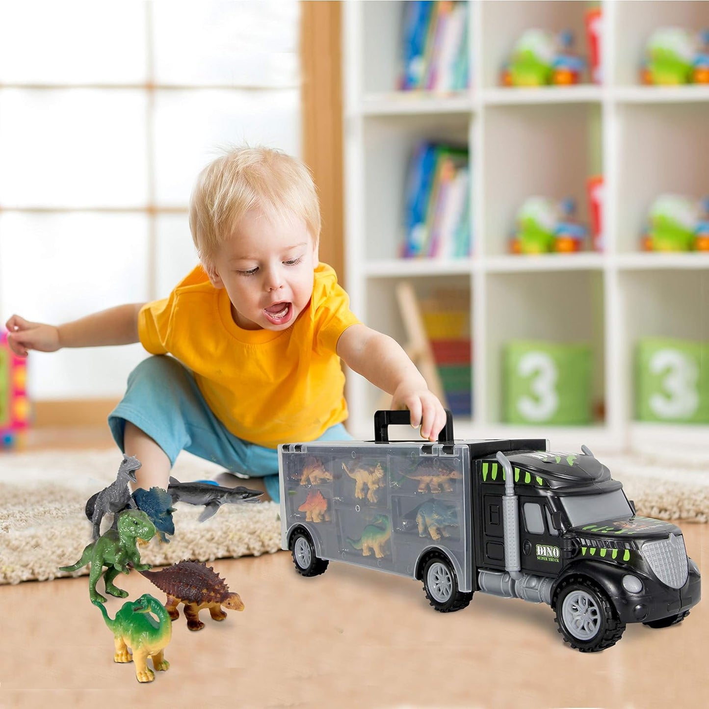 Camión transportador de dinosaurios con 12 figuras de acción de dinosaurios