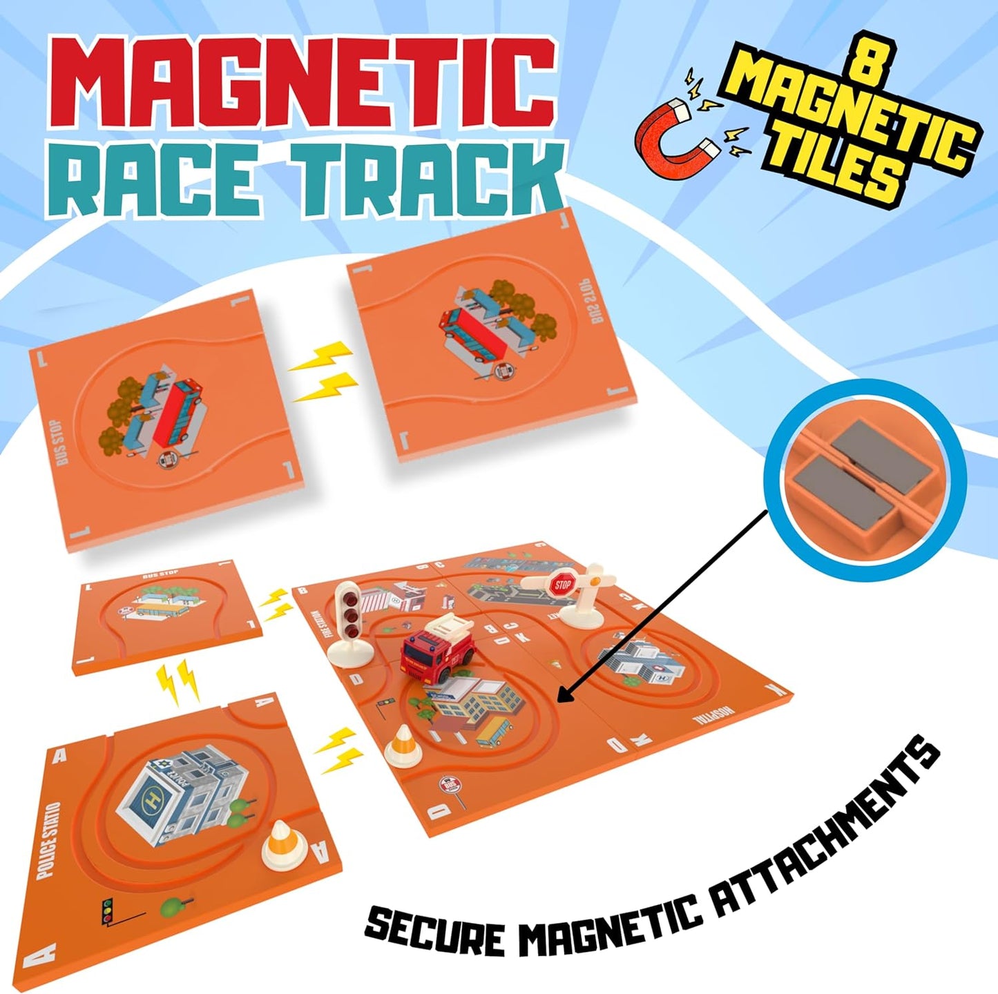 (11 Piece) Puzzle Racer Kids Car Track Set - Magnet Toddler Race Tracks for Kids 3-5