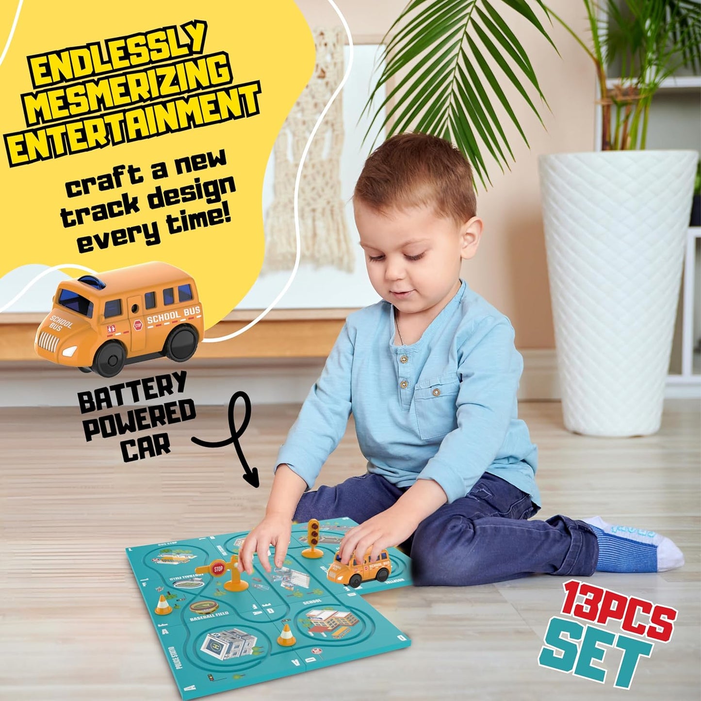 (13 Piece) Puzzle Racer Kids Car Track Set - Magnet Toddler Race Tracks for Kids 3-5