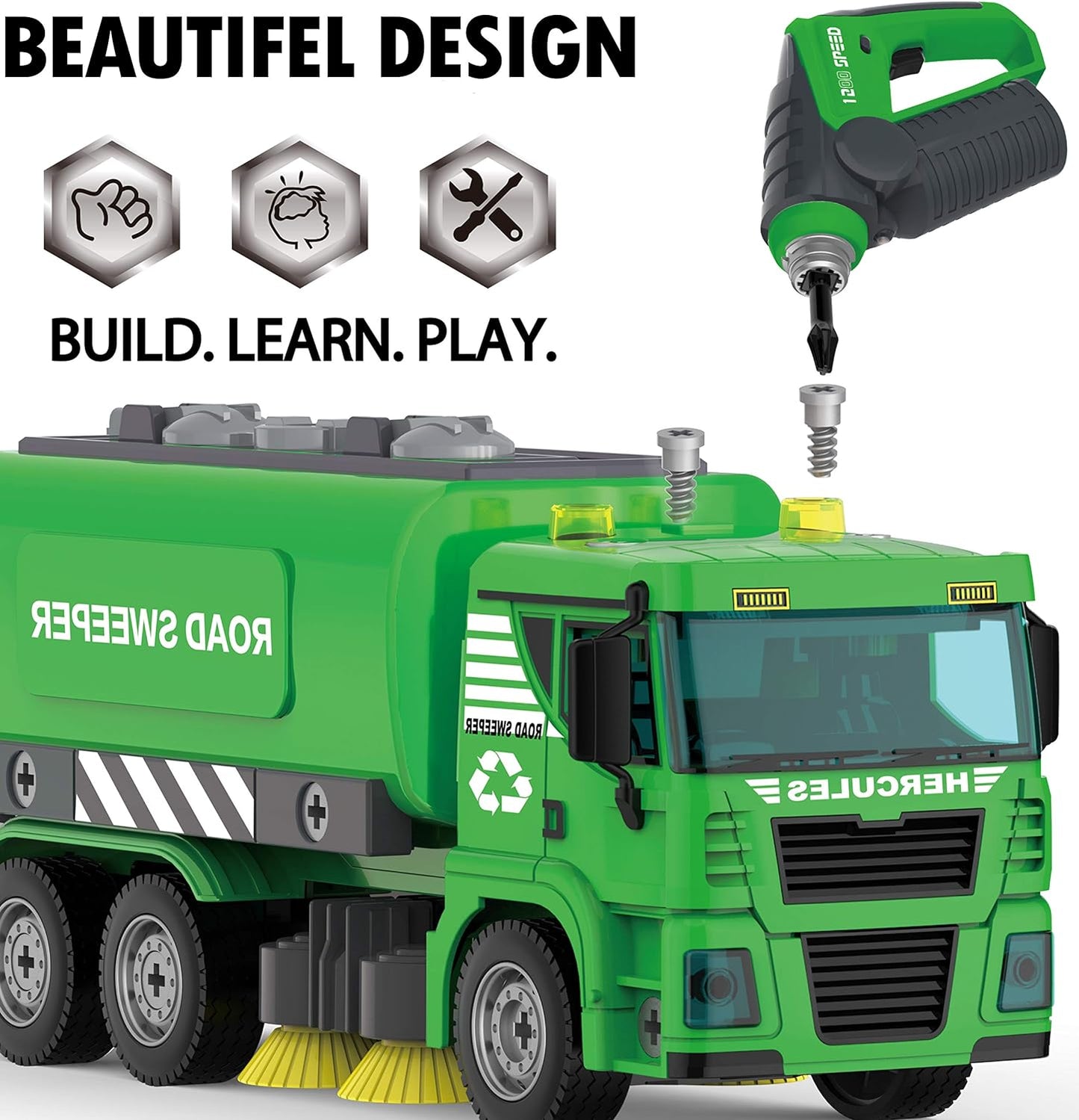 Street Sweeper Toy - 130 Pcs Friction Power STEM Take Apart Toys with Drill