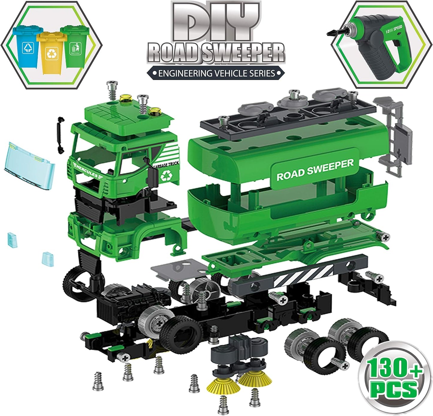 Street Sweeper Toy - 130 Pcs Friction Power STEM Take Apart Toys with Drill