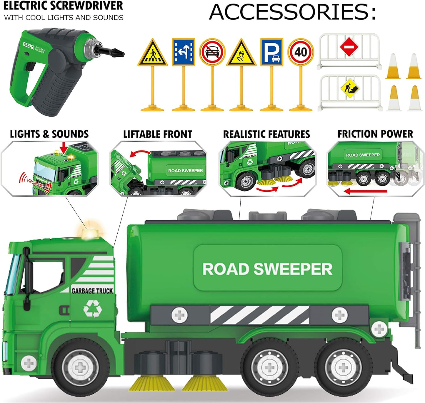 Street Sweeper Toy - 130 Pcs Friction Power STEM Take Apart Toys with Drill