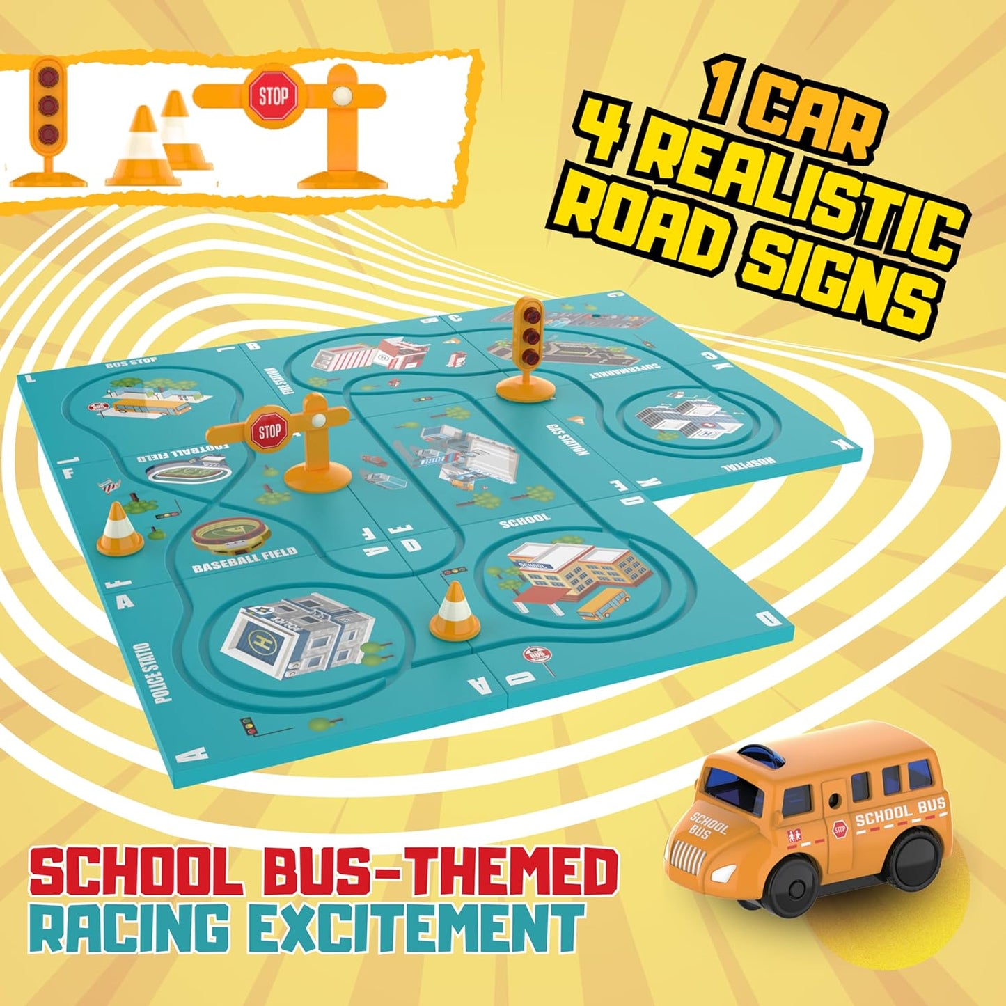 (13 Piece) Puzzle Racer Kids Car Track Set - Magnet Toddler Race Tracks for Kids 3-5
