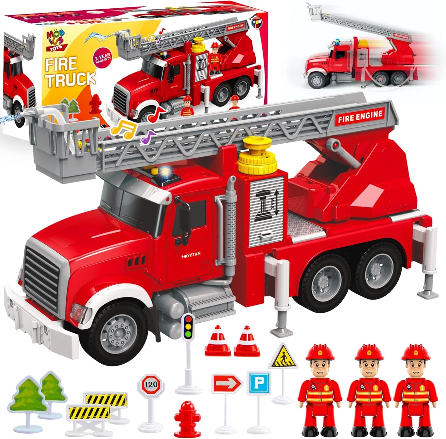 Camión de bomberos de juguete con manguera rociadora de agua, escalera giratoria y 3 bomberos