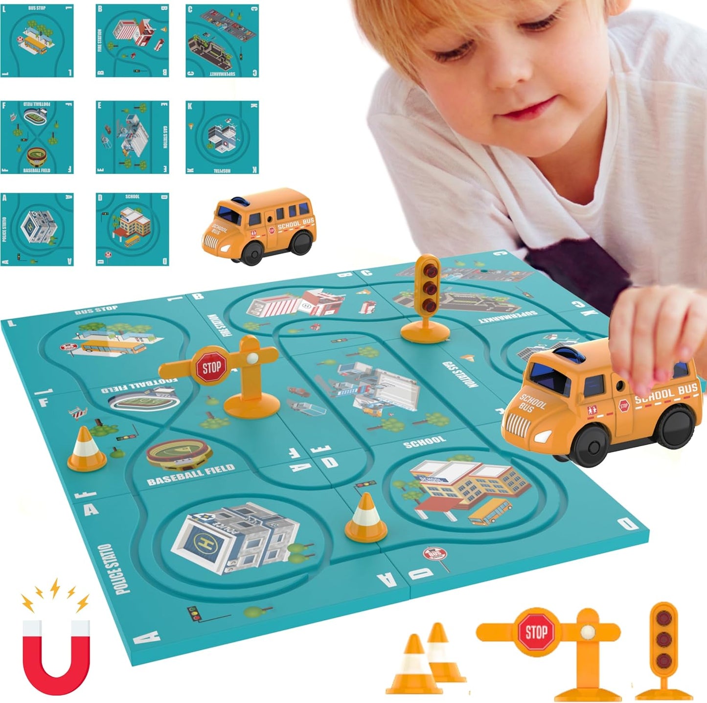 (13 Piece) Puzzle Racer Kids Car Track Set - Magnet Toddler Race Tracks for Kids 3-5