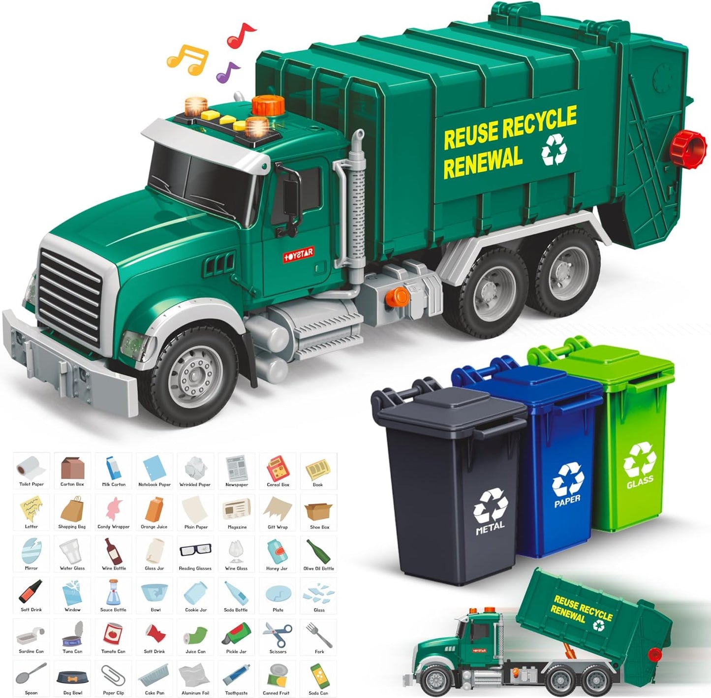 Garbage Truck Toy playset, Includes 3 Trash Cans