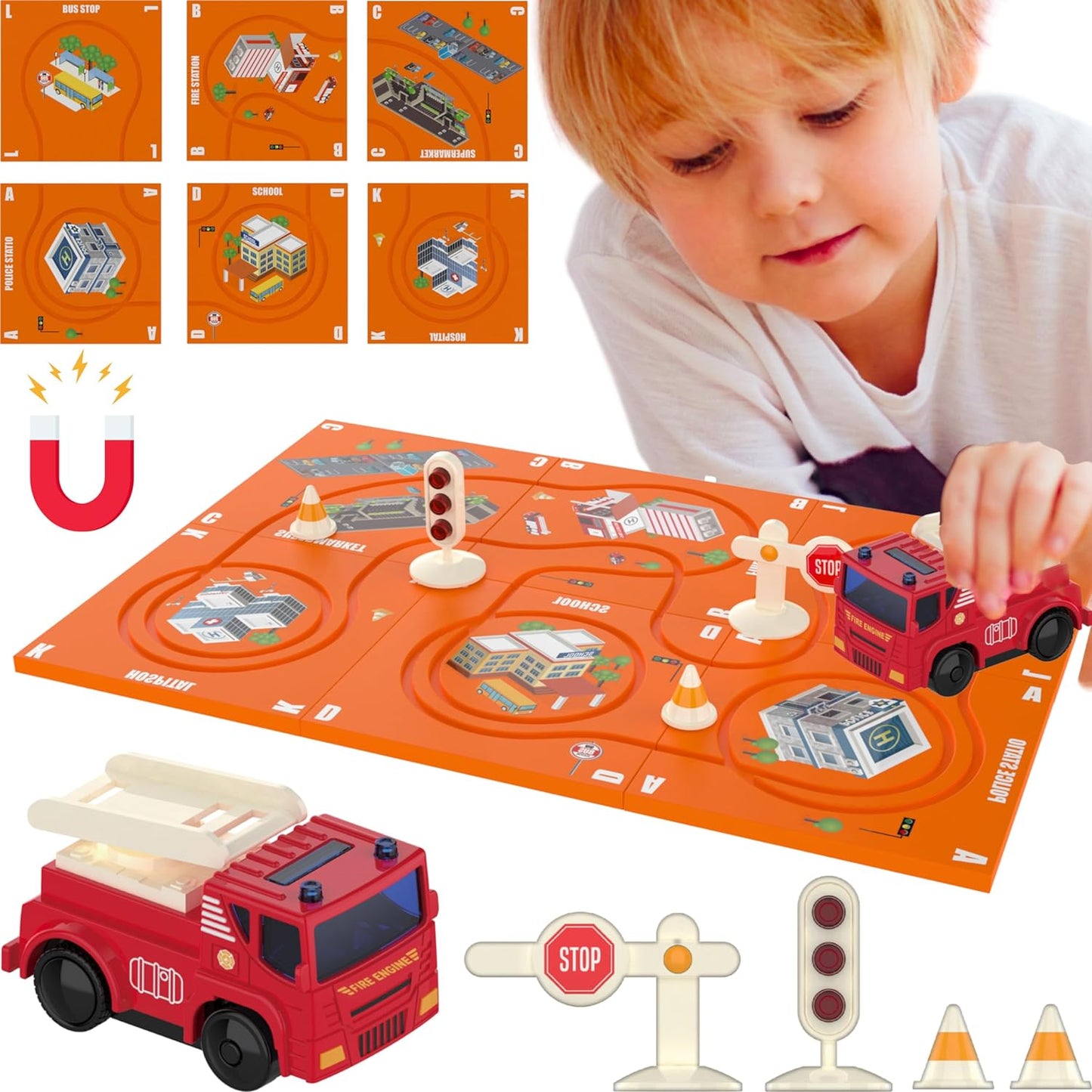 (11 Piece) Puzzle Racer Kids Car Track Set - Magnet Toddler Race Tracks for Kids 3-5