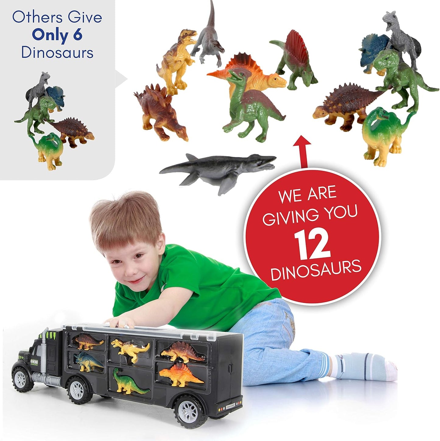 Camión transportador de dinosaurios con 12 figuras de acción de dinosaurios