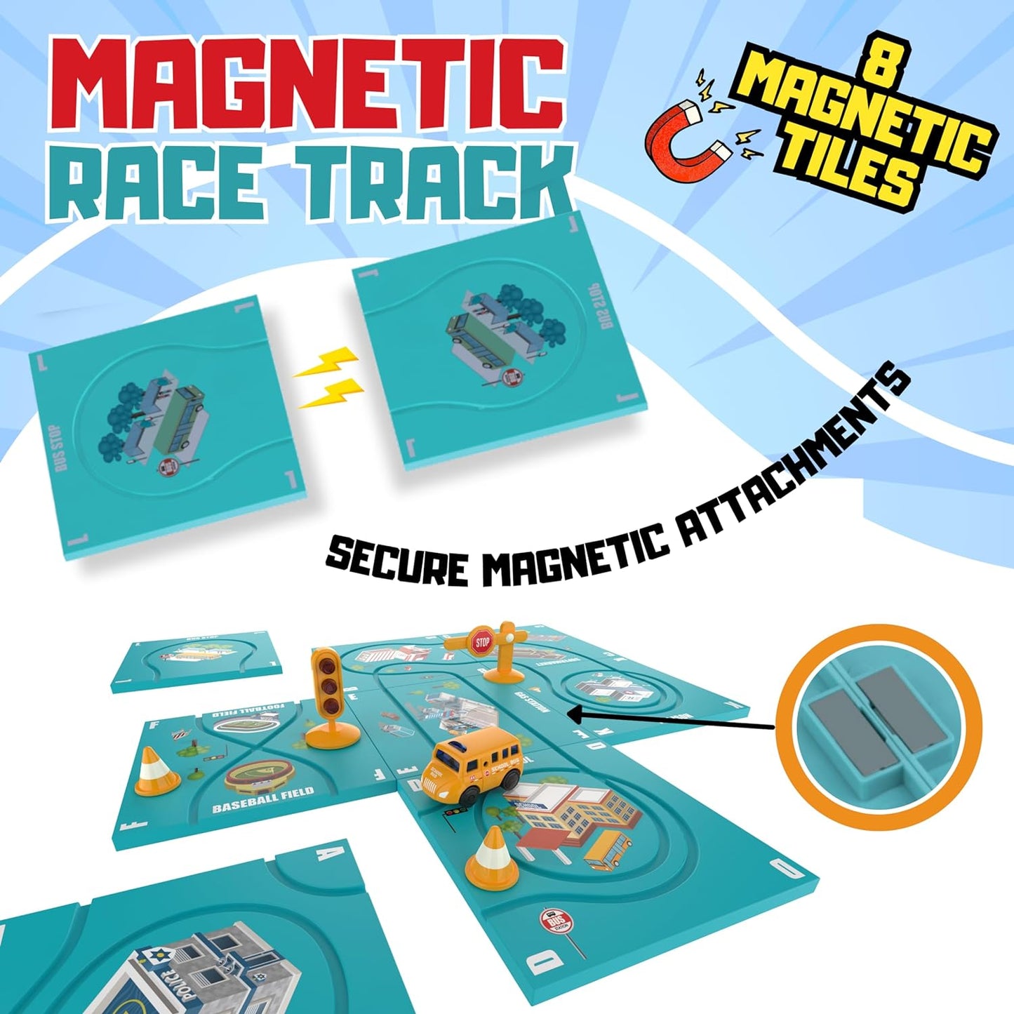 (13 Piece) Puzzle Racer Kids Car Track Set - Magnet Toddler Race Tracks for Kids 3-5