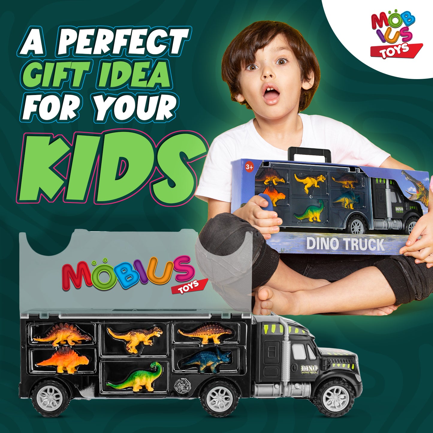 Dinosaur Truck Carrier – 12 Toy Dinosaurs Playset with Dinosaur Truck