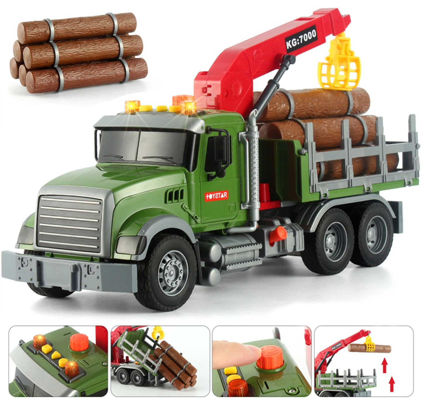 Timber Logging Truck w/ Functional Loading Crane Toy & Bundle of Logs, Large 15" Semi Transport Tow Truck Hauler Playset for Kids, Boys Ages 3 4 5 6 7 8, Lights & Sounds, 6 Farm Animals, Birthday Gift