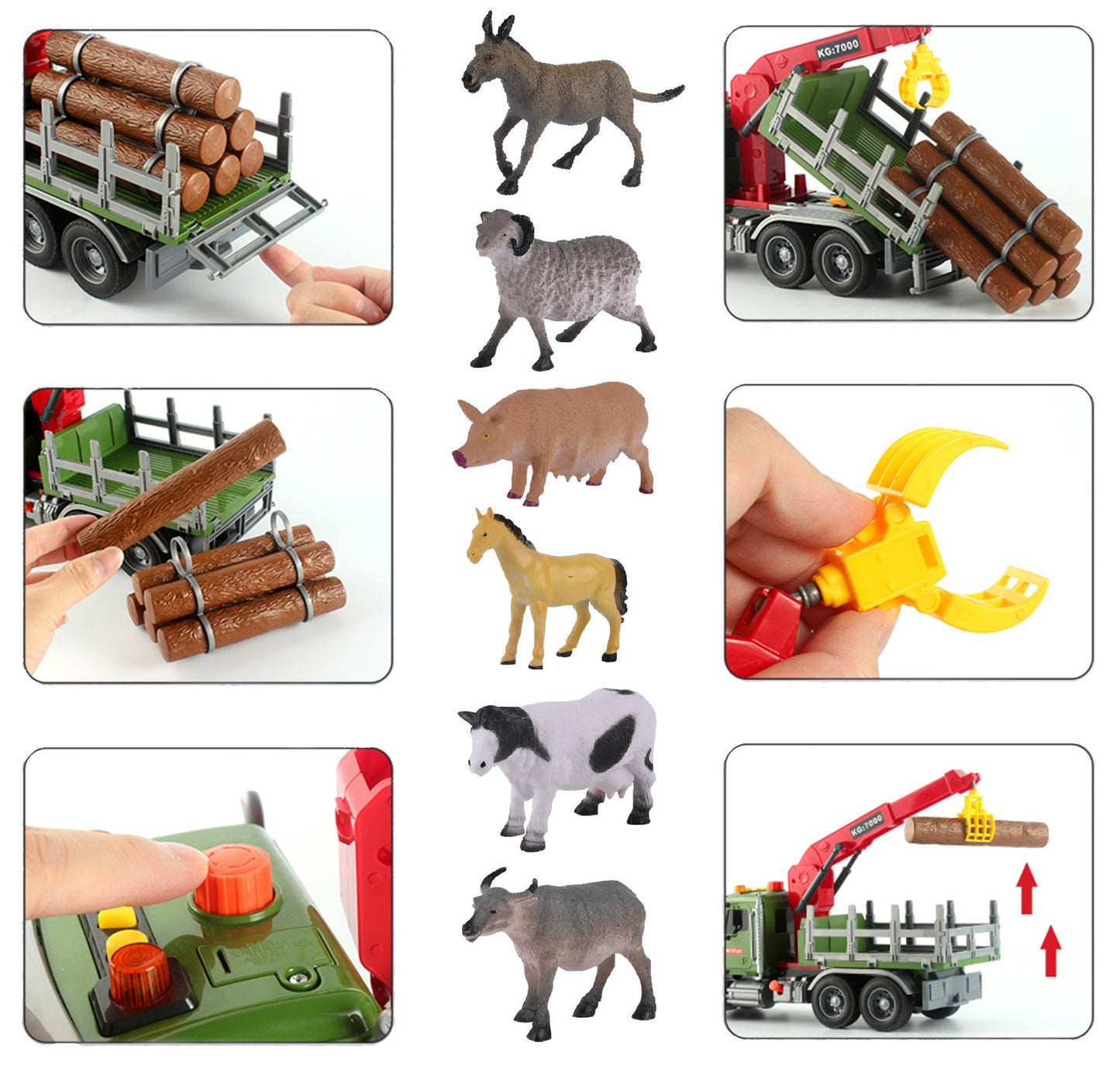 Timber Logging Truck w/ Functional Loading Crane Toy & Bundle of Logs, Large 15" Semi Transport Tow Truck Hauler Playset for Kids, Boys Ages 3 4 5 6 7 8, Lights & Sounds, 6 Farm Animals, Birthday Gift