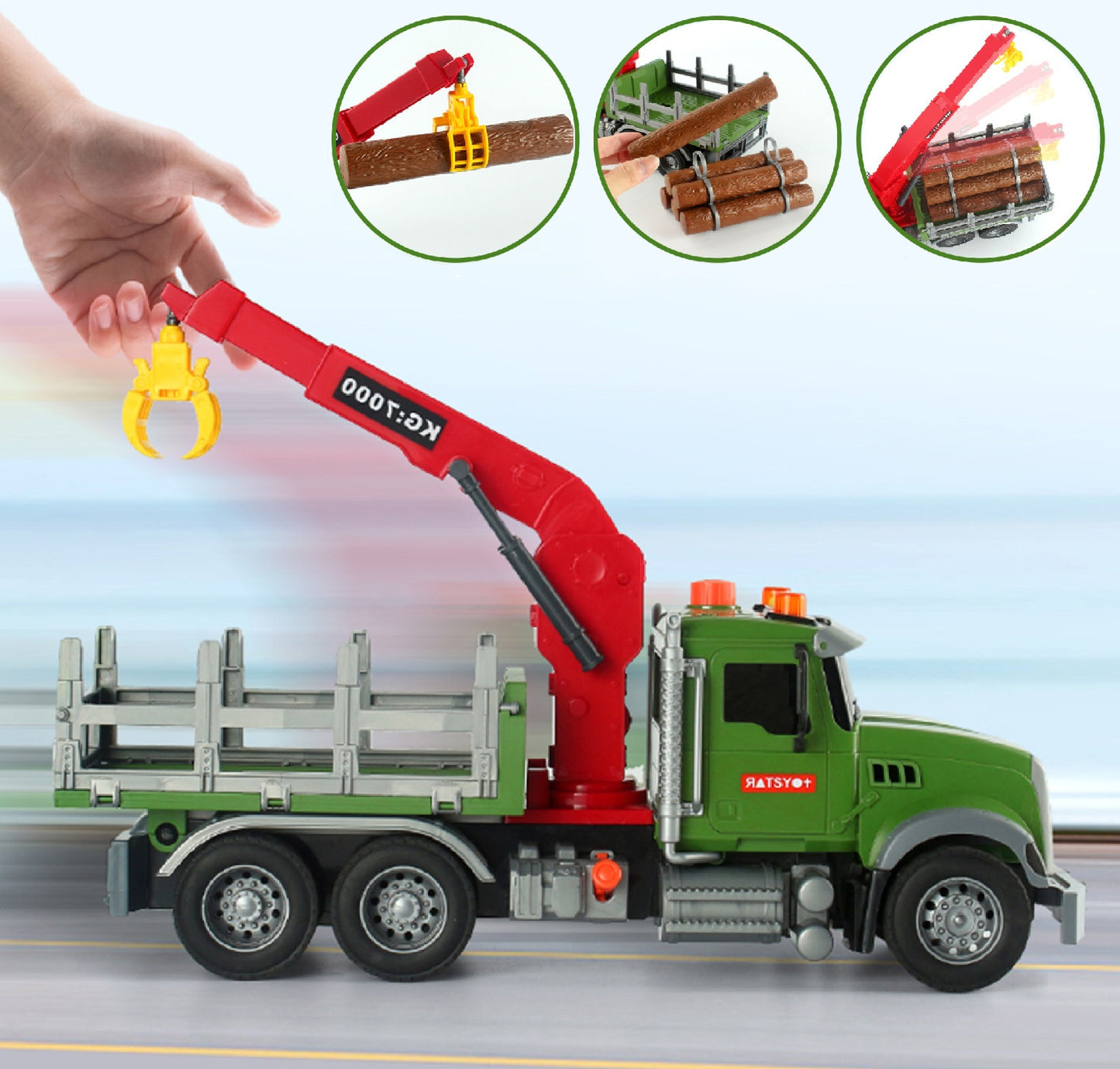 Timber Logging Truck w/ Functional Loading Crane Toy & Bundle of Logs, Large 15" Semi Transport Tow Truck Hauler Playset for Kids, Boys Ages 3 4 5 6 7 8, Lights & Sounds, 6 Farm Animals, Birthday Gift