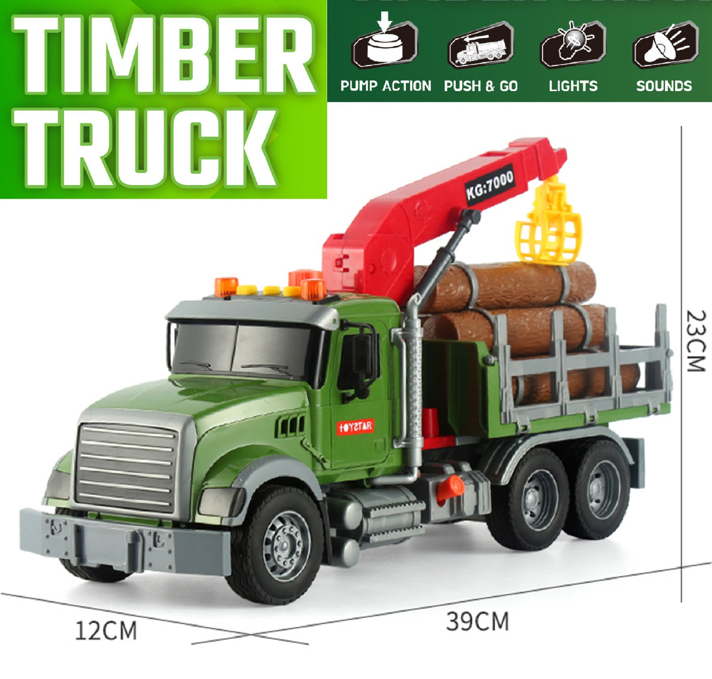 Timber Logging Truck w/ Functional Loading Crane Toy & Bundle of Logs, Large 15" Semi Transport Tow Truck Hauler Playset for Kids, Boys Ages 3 4 5 6 7 8, Lights & Sounds, 6 Farm Animals, Birthday Gift