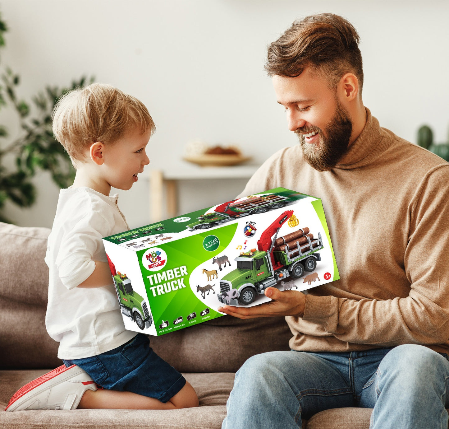 Timber Logging Truck w/ Functional Loading Crane Toy & Bundle of Logs, Large 15" Semi Transport Tow Truck Hauler Playset for Kids, Boys Ages 3 4 5 6 7 8, Lights & Sounds, 6 Farm Animals, Birthday Gift
