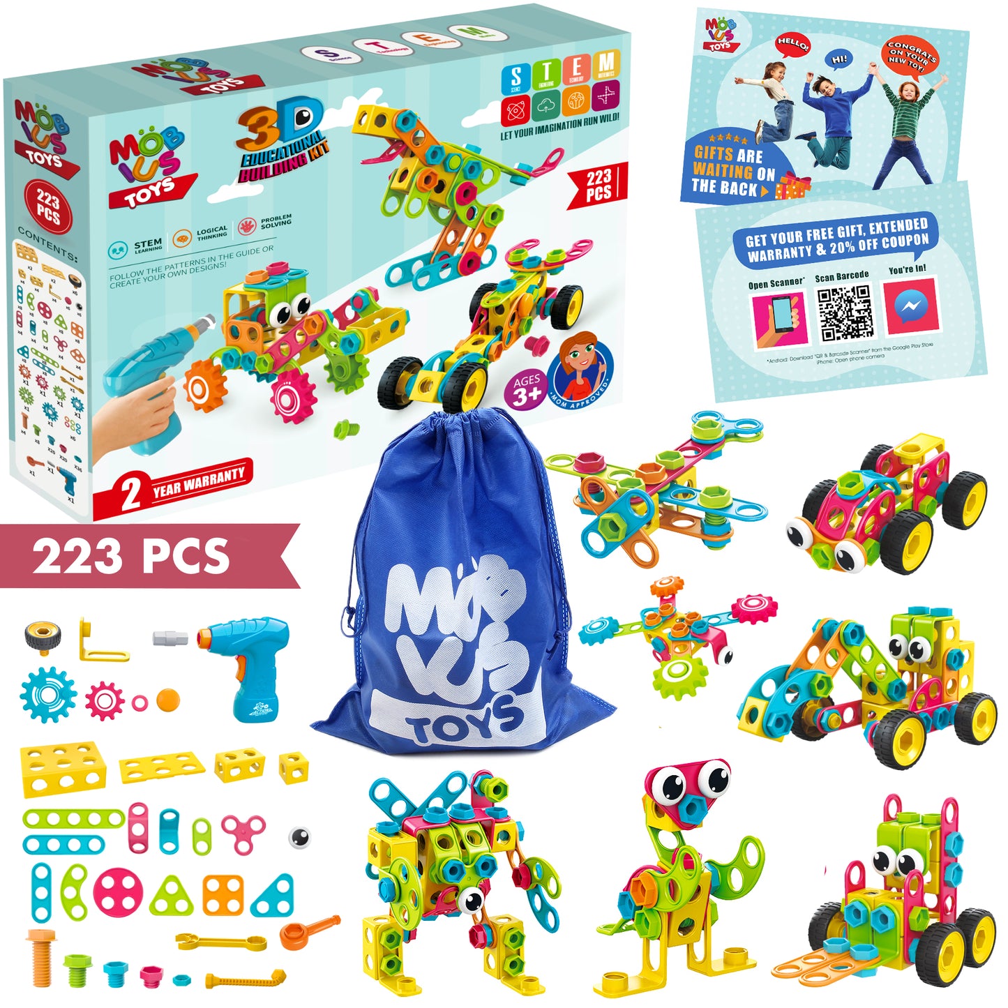STEM Toys KIT 260 Piece Educational Construction Set with Drill