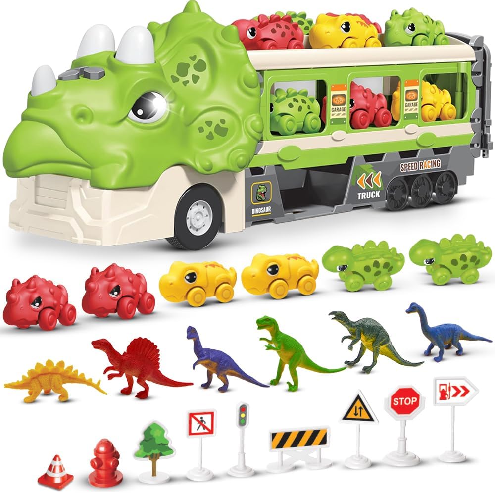 Transportador de dinosaurios con pista de carreras plegable y 6 coches de carreras de dinosaurios de juguete