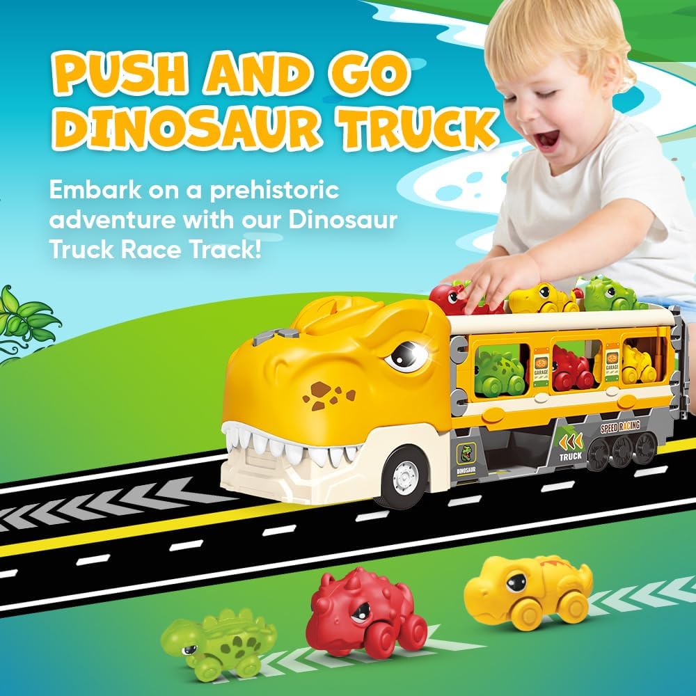 Transportador de dinosaurios con pista de carreras plegable y 6 coches de carreras de dinosaurios de juguete