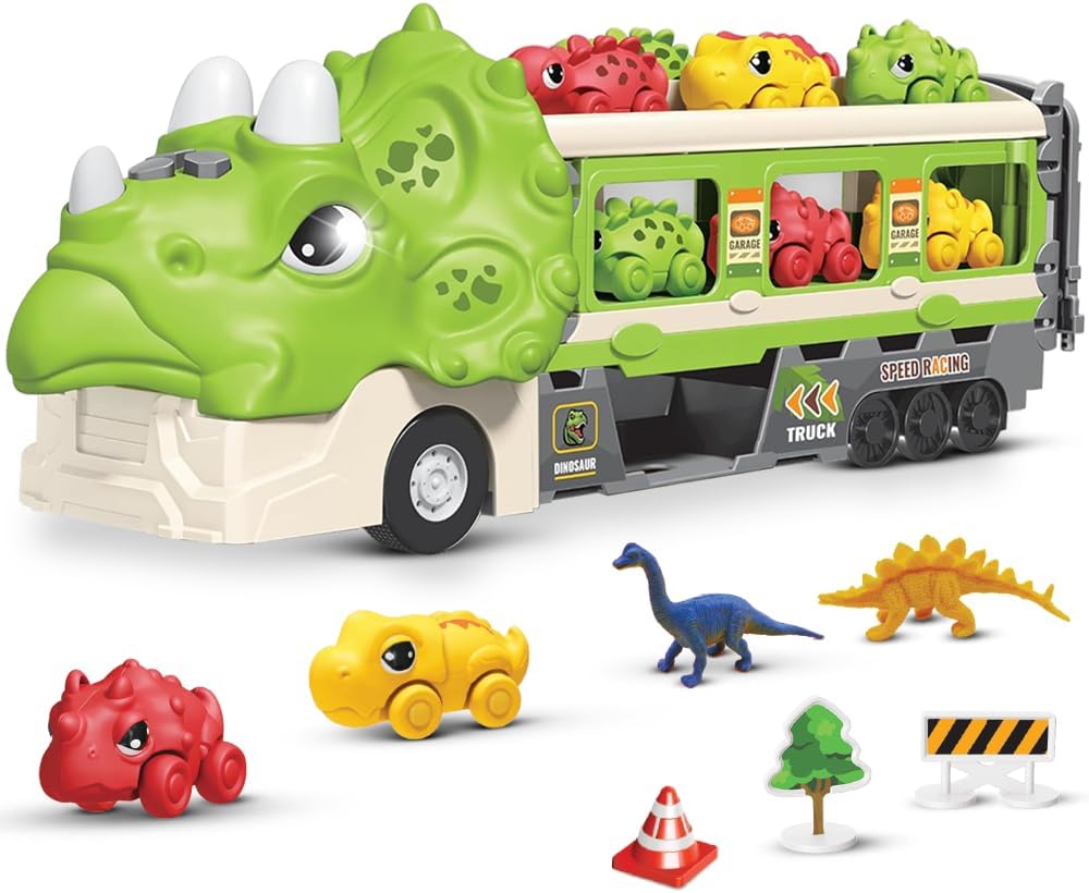 Transportador de dinosaurios con pista de carreras plegable y 6 coches de carreras de dinosaurios de juguete