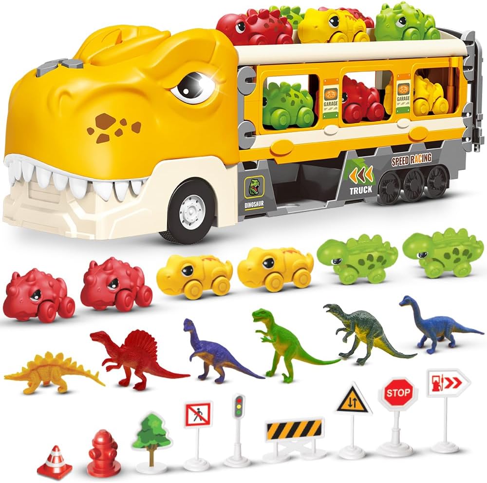 Transportador de dinosaurios con pista de carreras plegable y 6 coches de carreras de dinosaurios de juguete