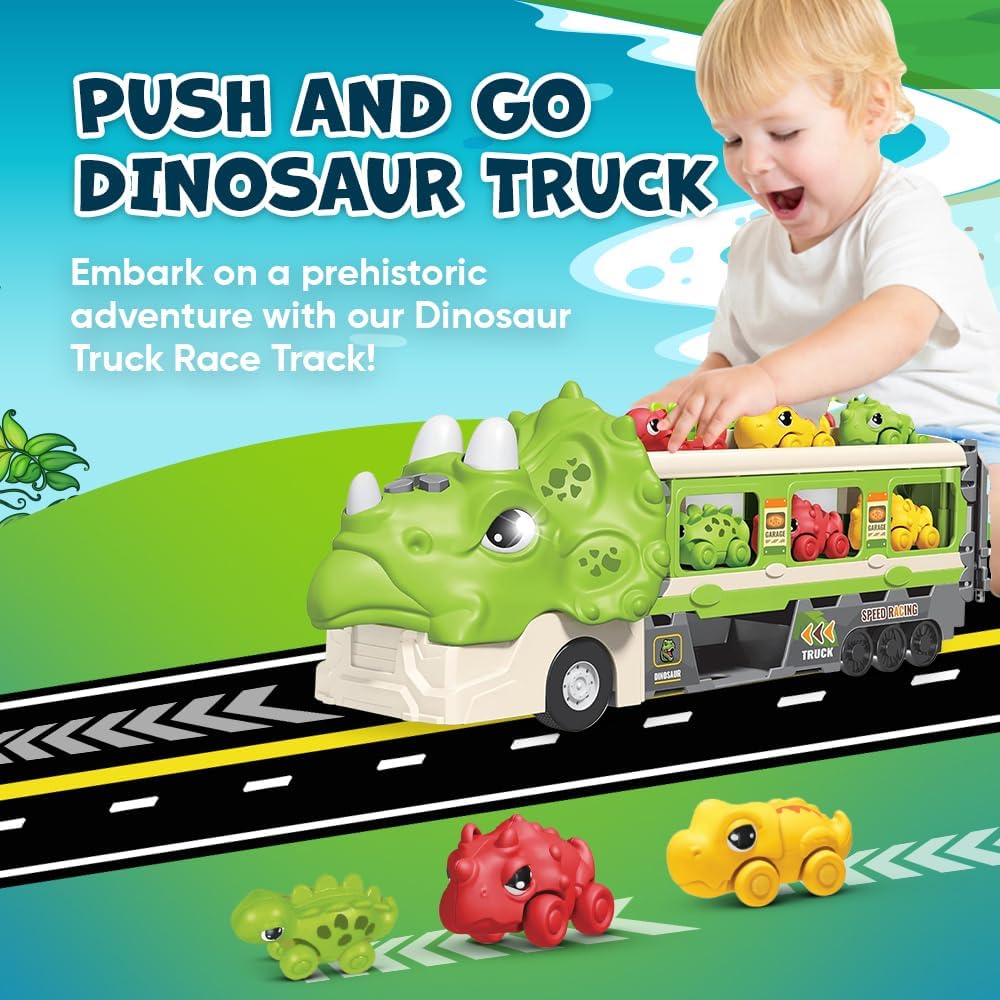 Transportador de dinosaurios con pista de carreras plegable y 6 coches de carreras de dinosaurios de juguete