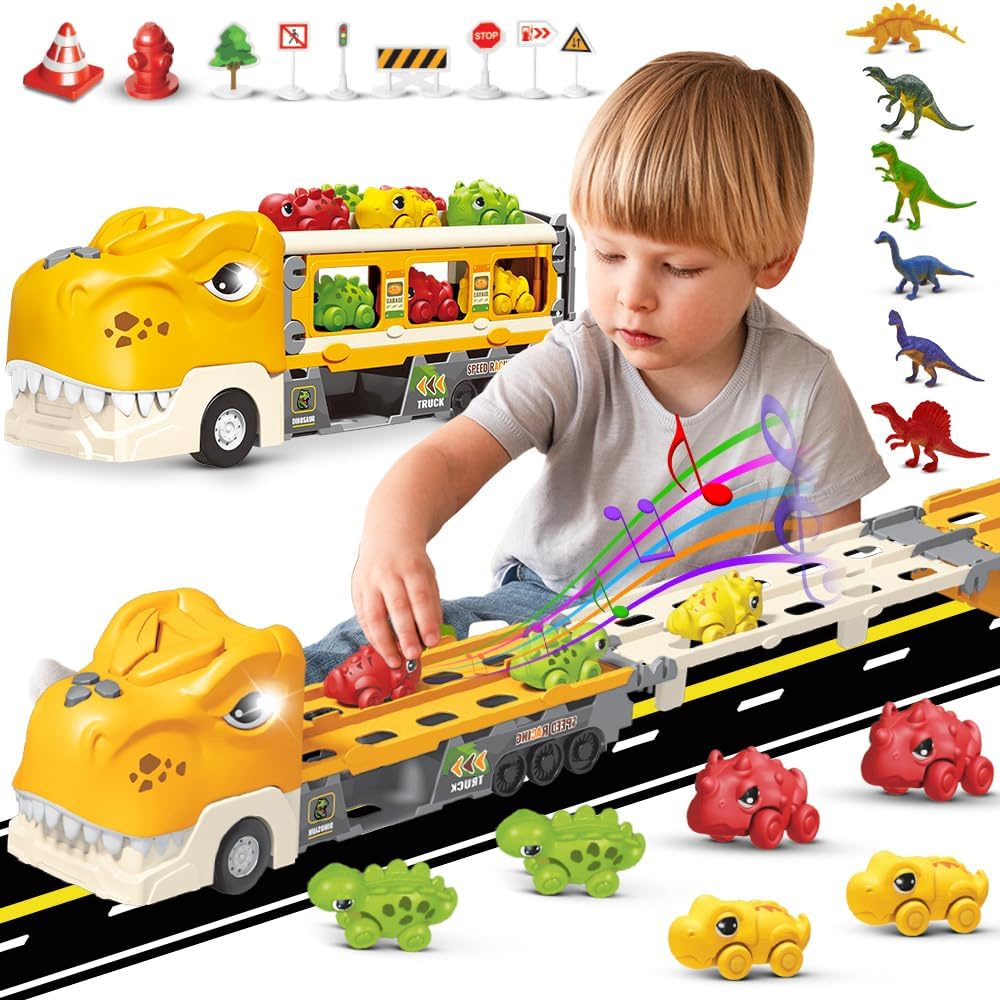 Transportador de dinosaurios con pista de carreras plegable y 6 coches de carreras de dinosaurios de juguete