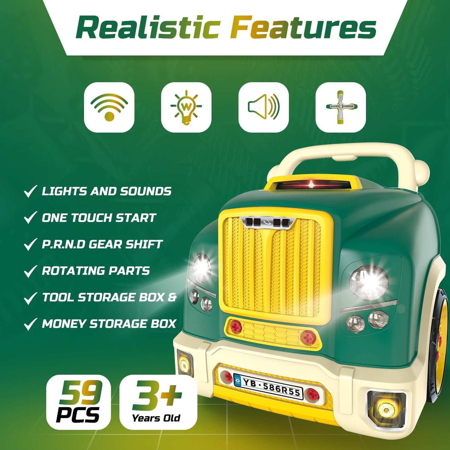 Green Large Truck Engine Toys for 4 Year Old Boys - Educational Model Engine Mechanic Build Playset w/Lights & Sounds