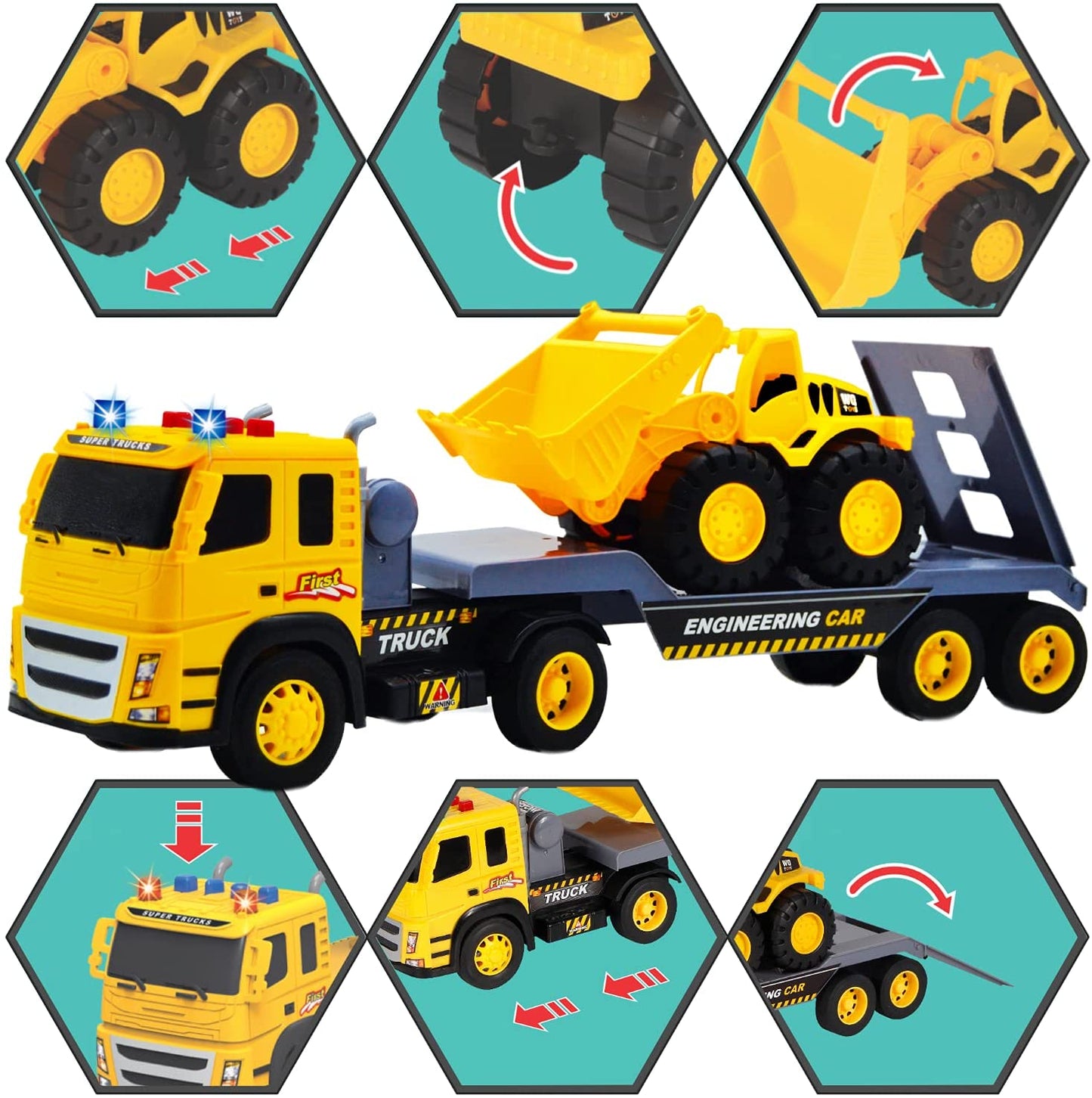 Flatbed Truck with Excavator Tractor | 2 Trucks with Accessories Toy Set