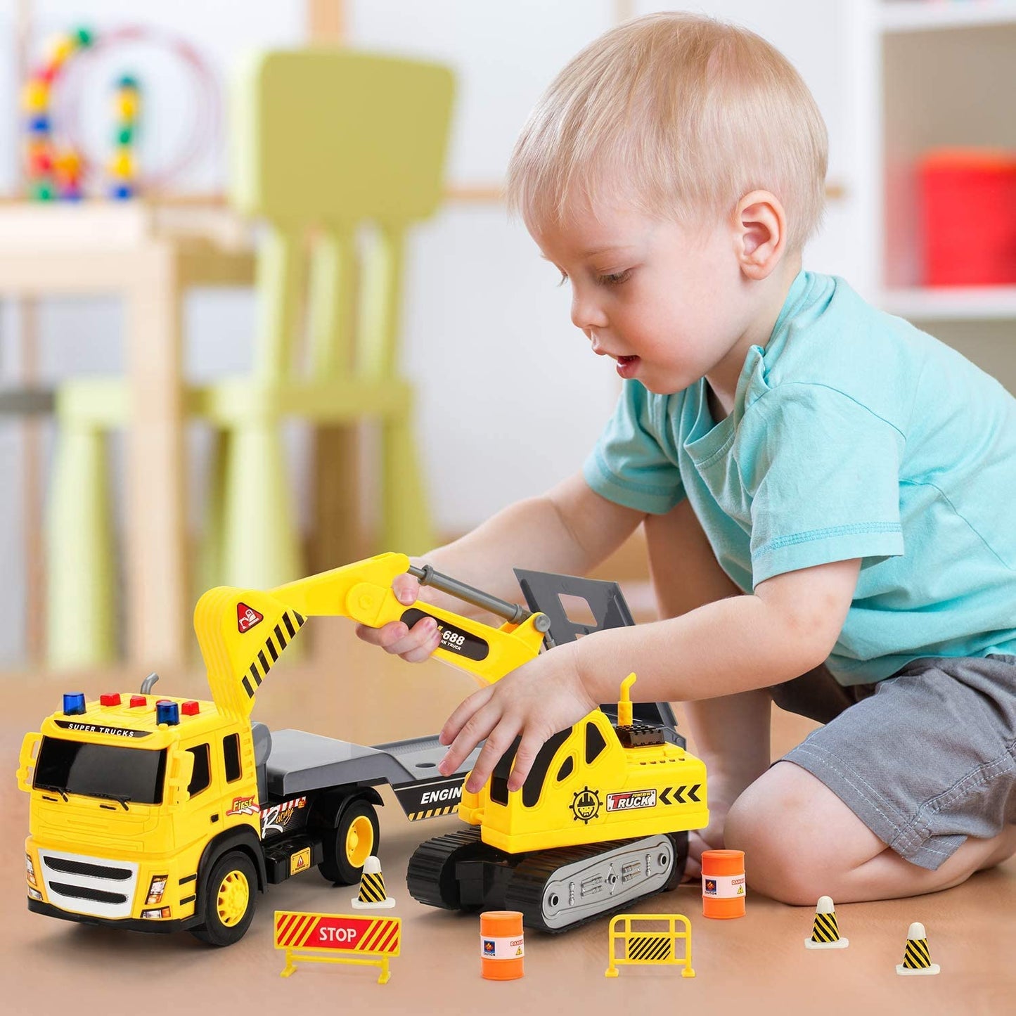 Camión de plataforma a escala 1:12 con tractor excavador