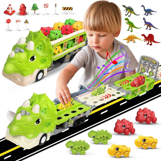 Transportador de dinosaurios con pista de carreras plegable y 6 coches de carreras de dinosaurios de juguete