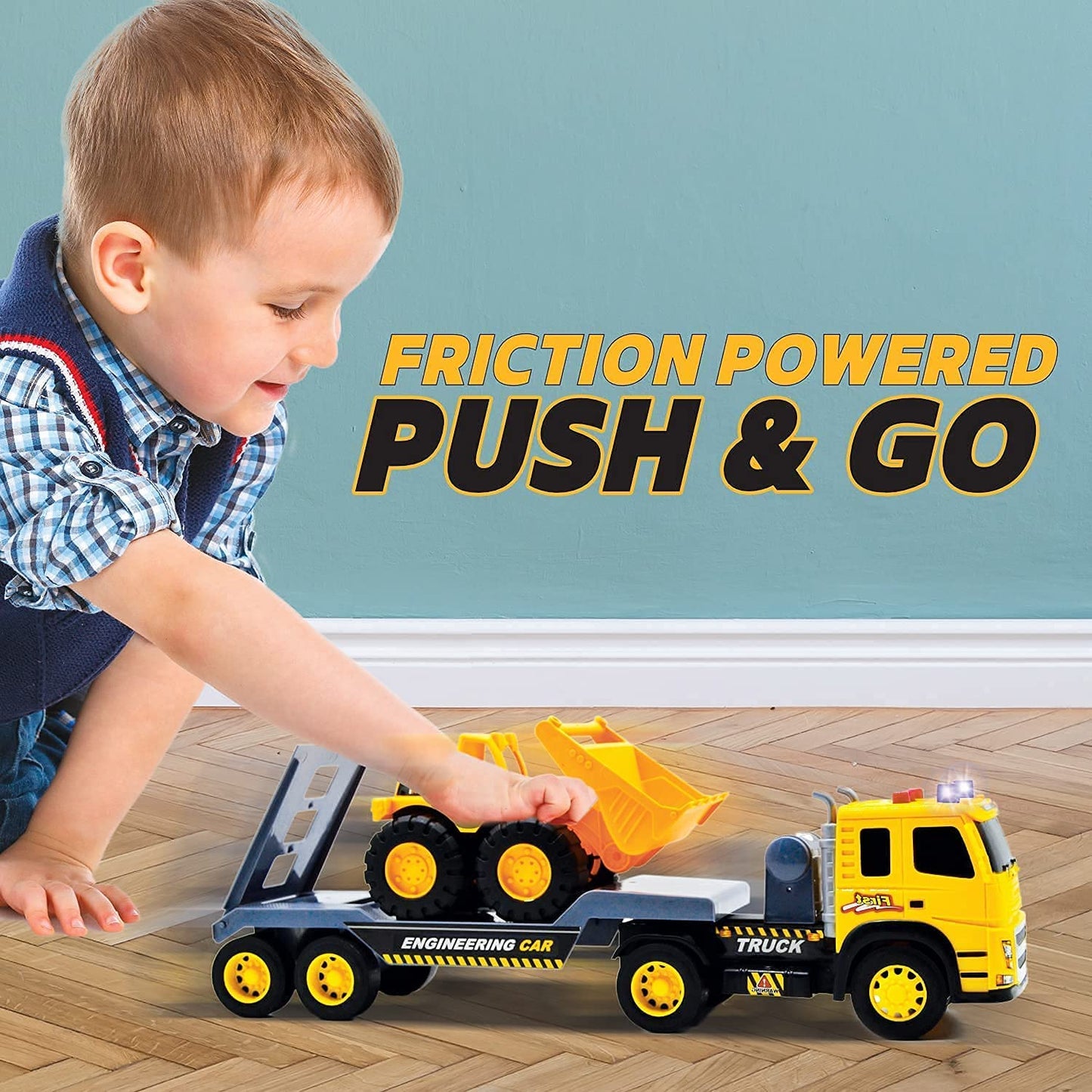 Flatbed Truck with Excavator Tractor | 2 Trucks with Accessories Toy Set