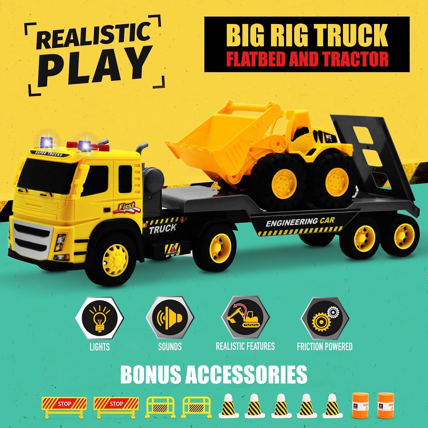 Flatbed Truck with Excavator Tractor | 2 Trucks with Accessories Toy Set