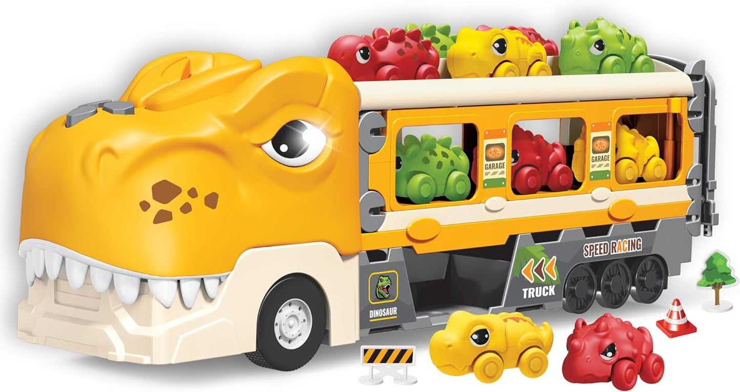 Transportador de dinosaurios con pista de carreras plegable y 6 coches de carreras de dinosaurios de juguete