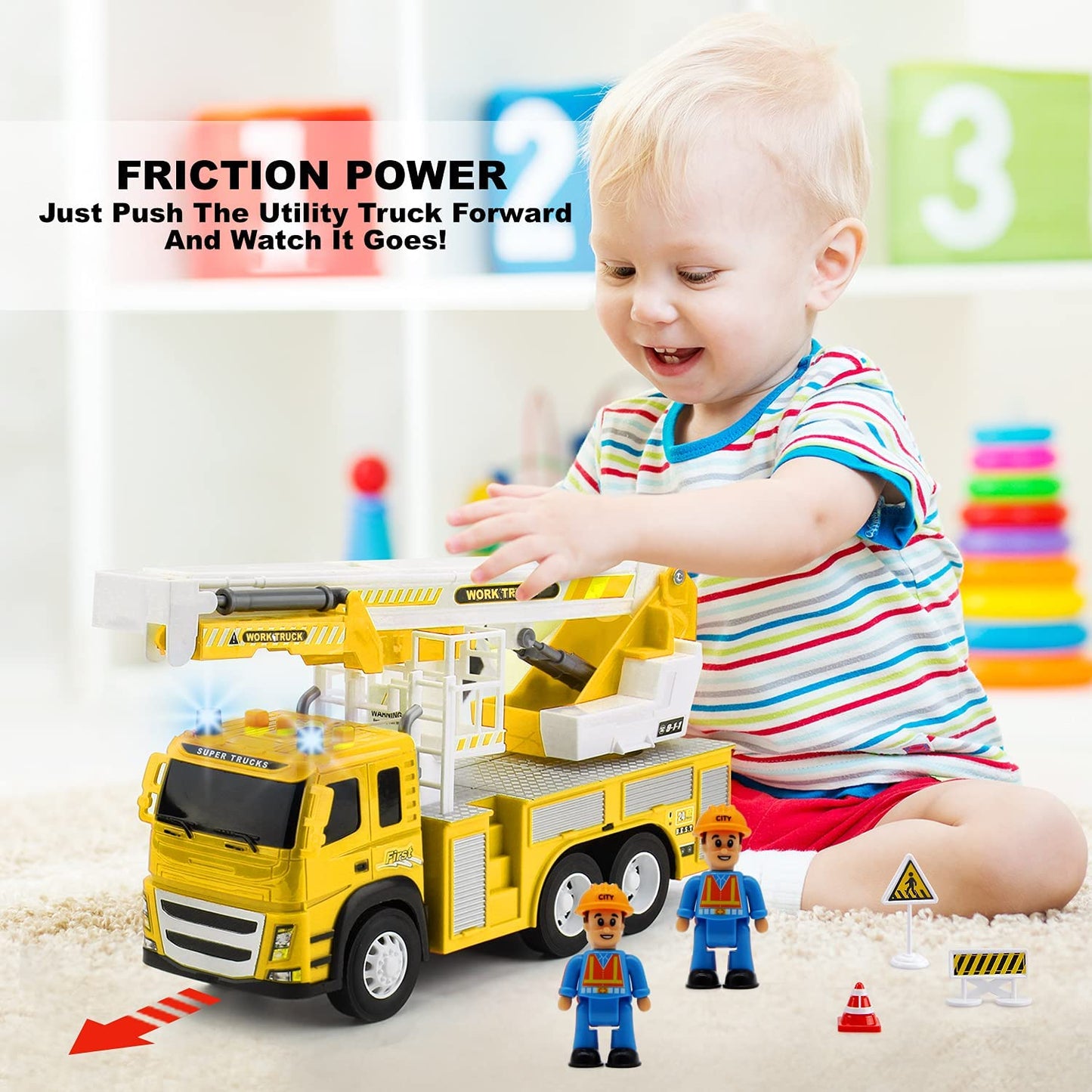 1:12 Scale Basket Truck Toy Playset with Realistic Vehicle, City Workers and Road Signs