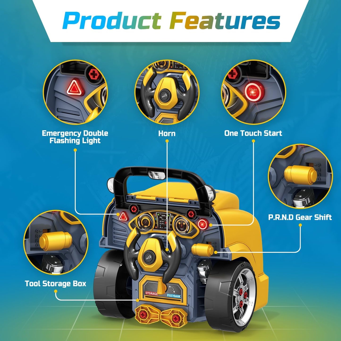 Yellow Large Truck Engine Toys for 4 Year Old Boys - Educational Model Engine Mechanic Build Playset w/Lights & Sounds