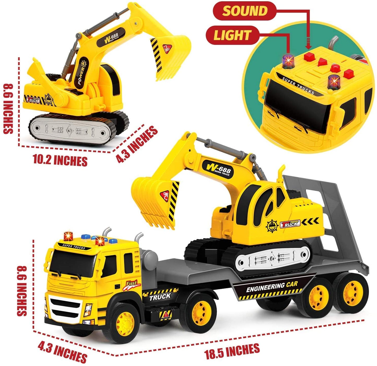 Camión de plataforma a escala 1:12 con tractor excavador