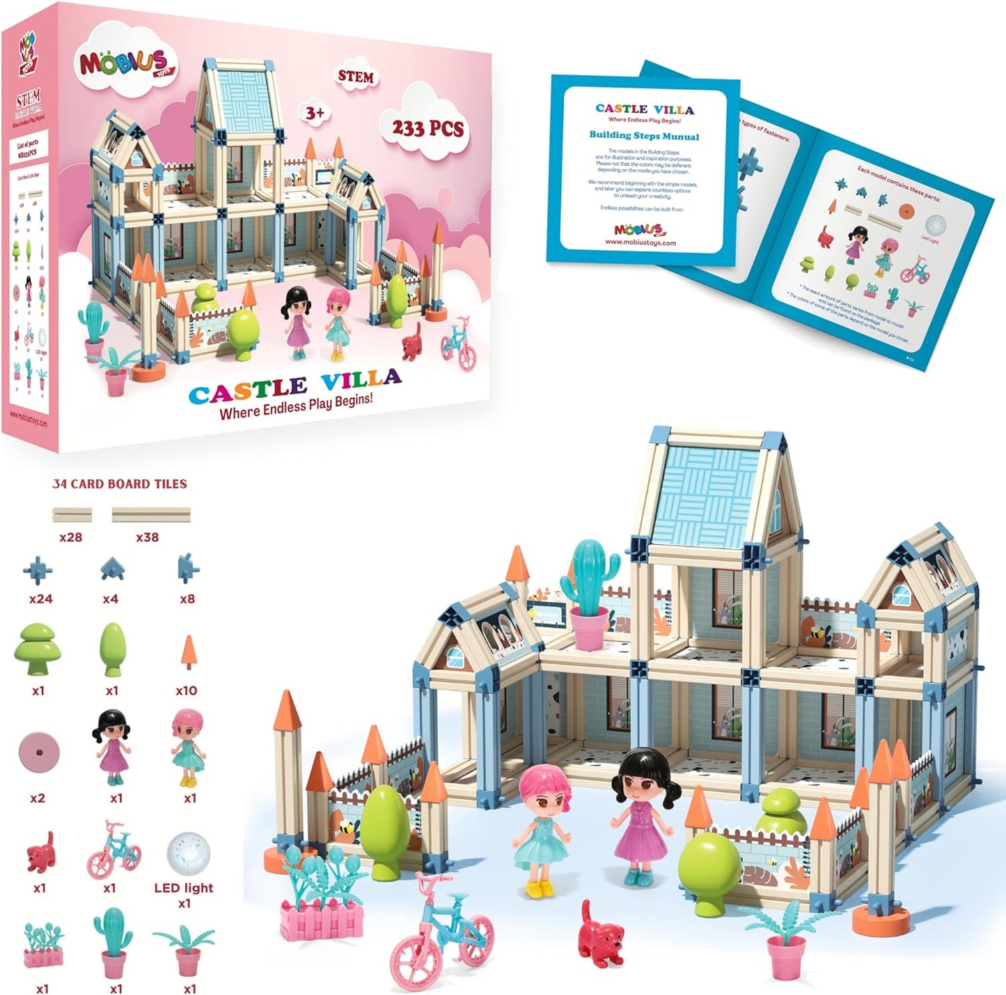 Juego de construcción de casa de muñecas con castillo de princesa en 3D
