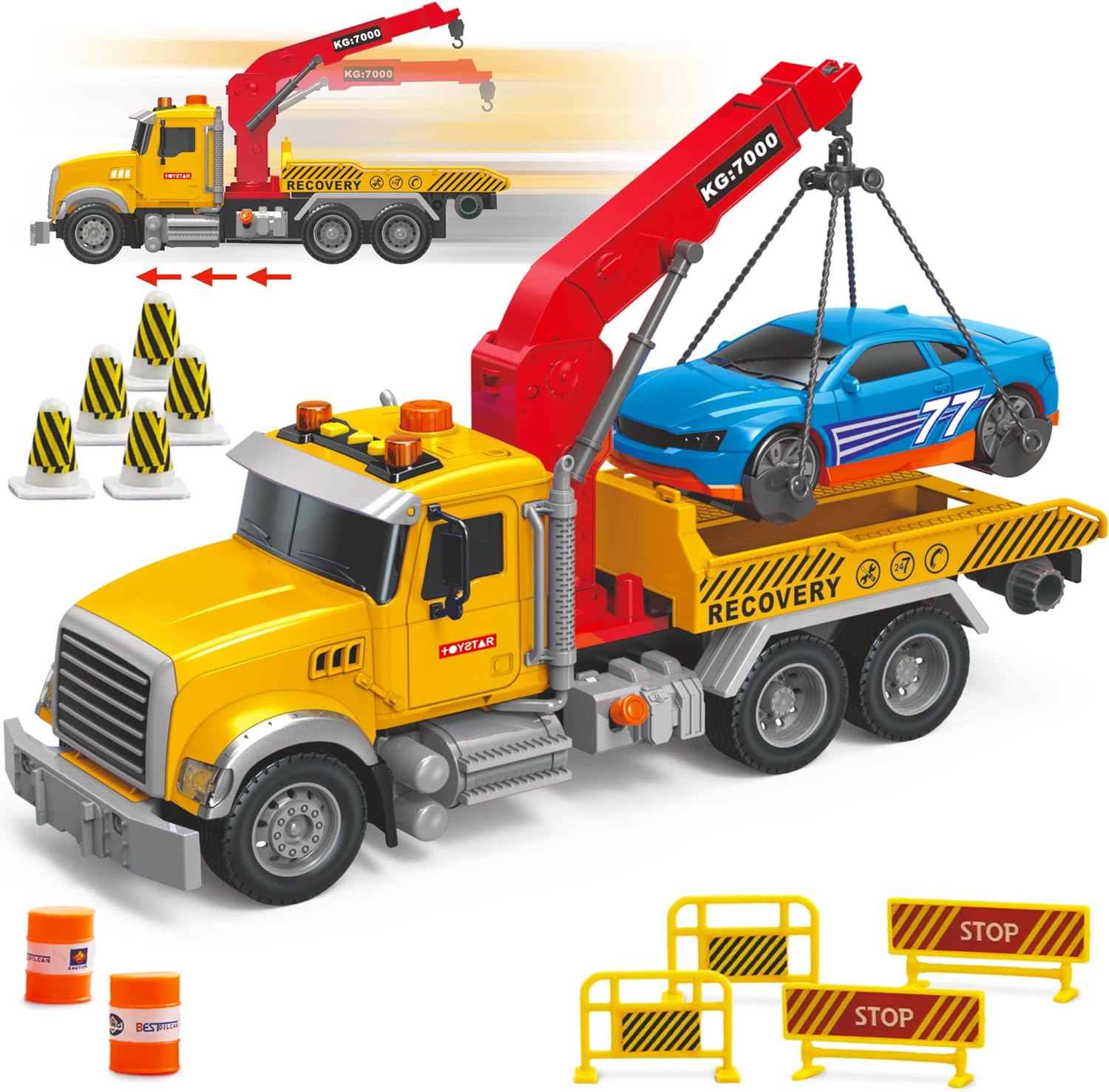 Tow Truck Toy Flatbed and Crane with Race Car Playset MOBIUS Toys