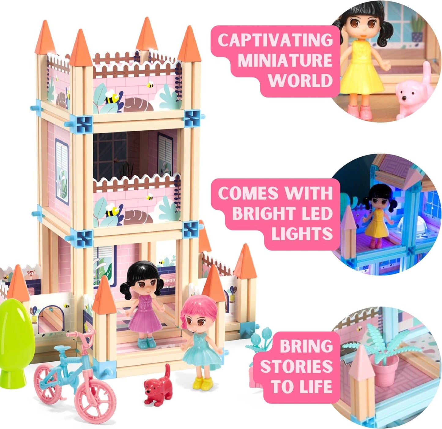 Juego de construcción de casa de muñecas con castillo de princesa en 3D