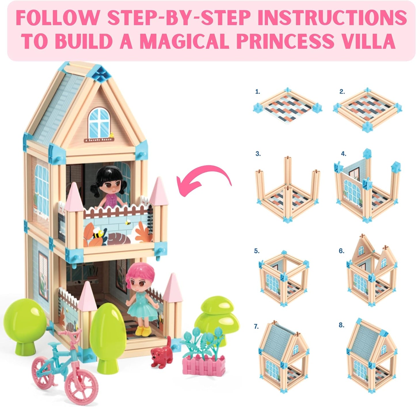 Juego de construcción de casa de muñecas con castillo de princesa en 3D