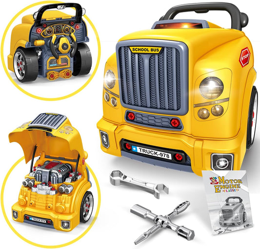 Camión de juguete amarillo grande con motor para niños de 4 años: juego educativo de construcción de un mecánico de motores con luces y sonidos