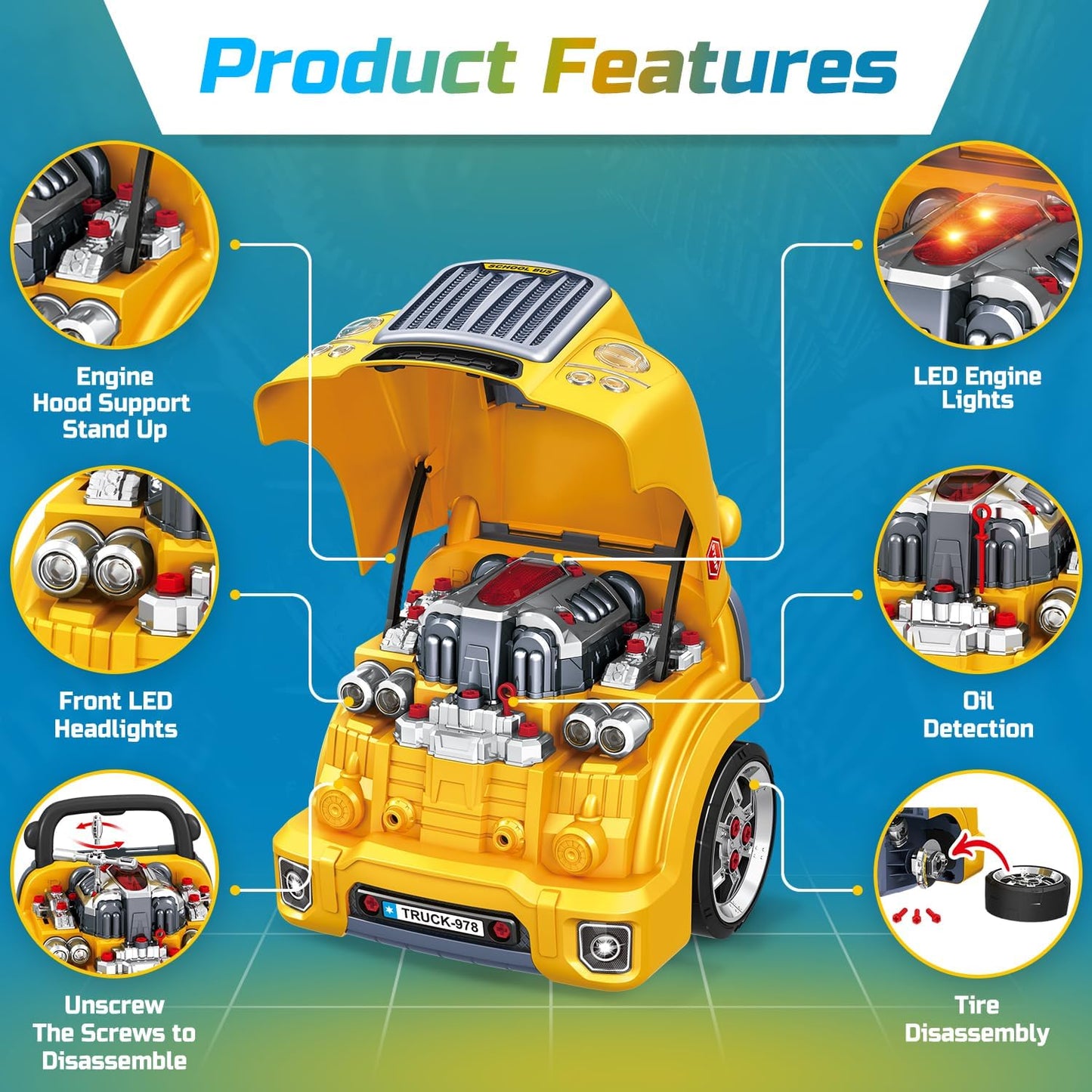 Yellow Large Truck Engine Toys for 4 Year Old Boys - Educational Model Engine Mechanic Build Playset w/Lights & Sounds