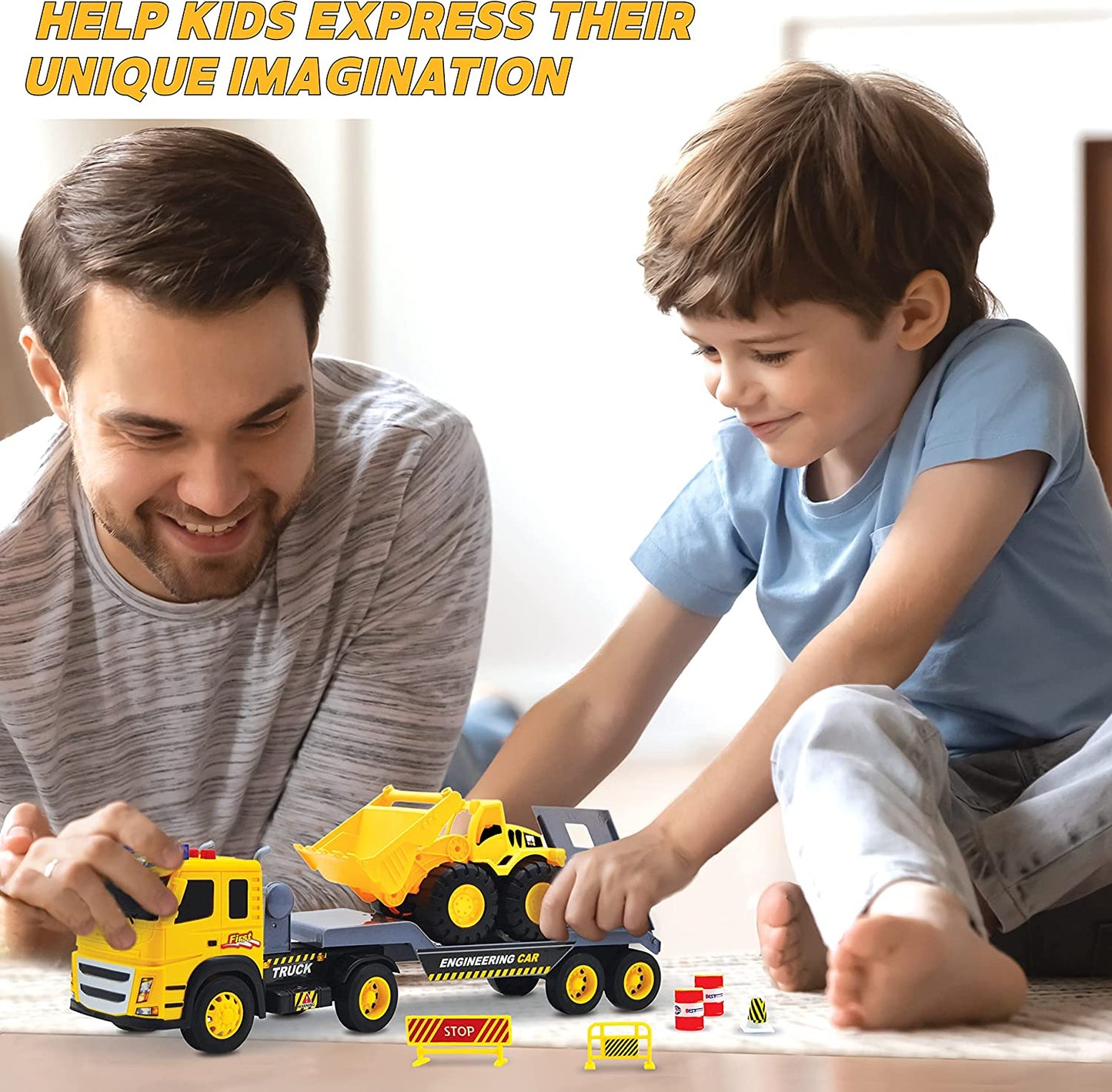Flatbed Truck with Excavator Tractor | 2 Trucks with Accessories Toy Set