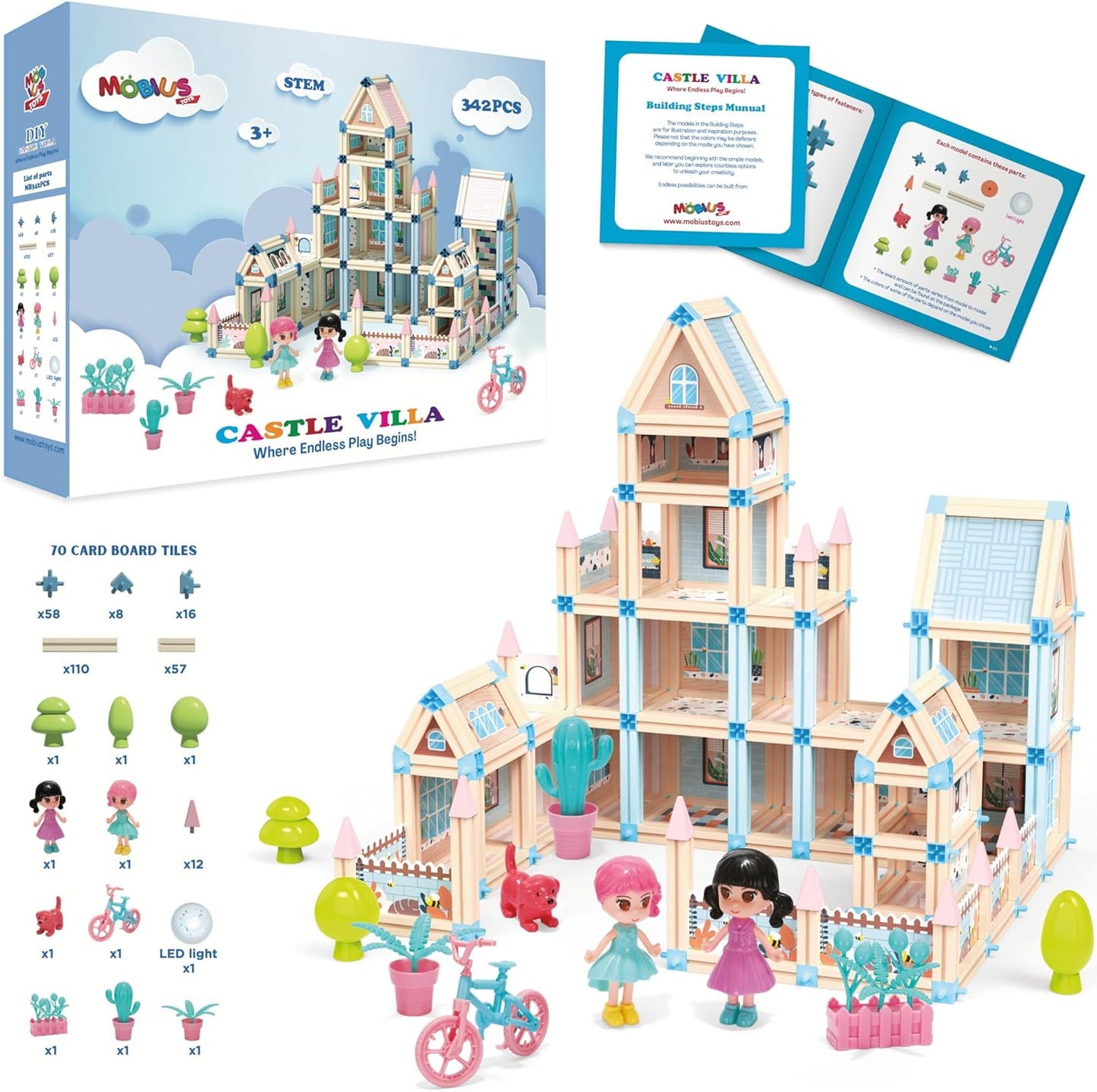 Juego de construcción de casa de muñecas con castillo de princesa en 3D